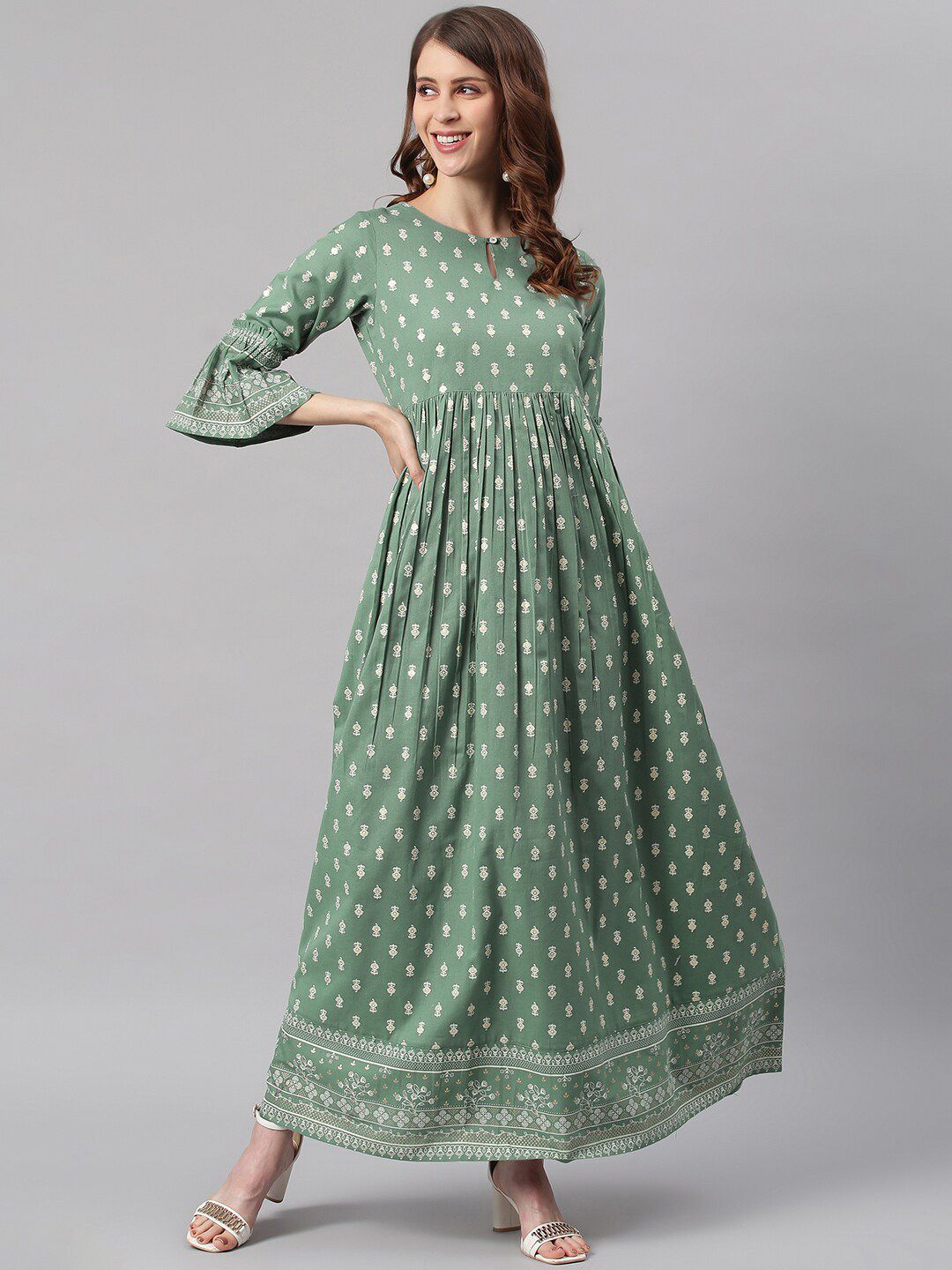 Janasya Green Ethnic Motifs Keyhole Neck Ethnic Maxi Dress