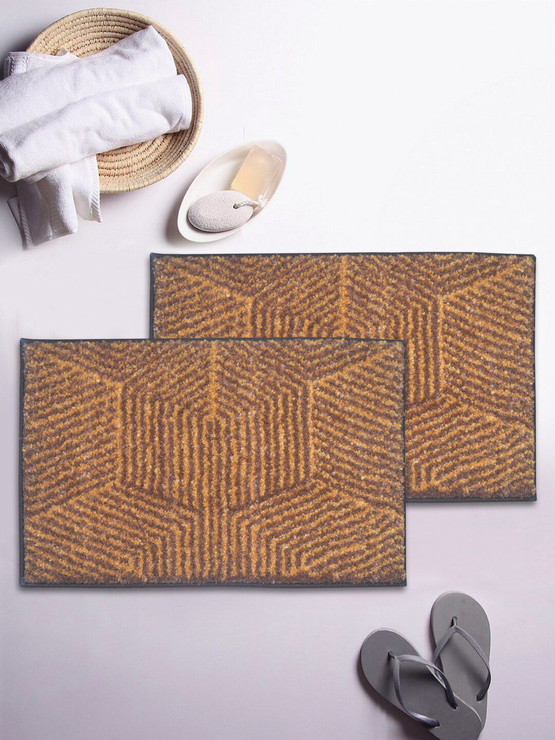 BIANCA Set Of 2 Brown Textured Microfibre 1850 GSM Anti-Skid Bath Rugs Price in India