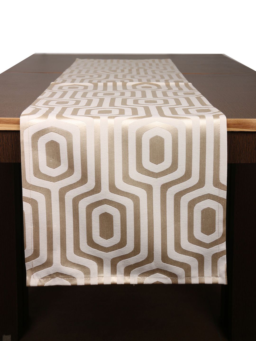 Home Cream-Coloured 7 Gold-Coloured Geometric Woven-Design Cotton Table Runner Price in India
