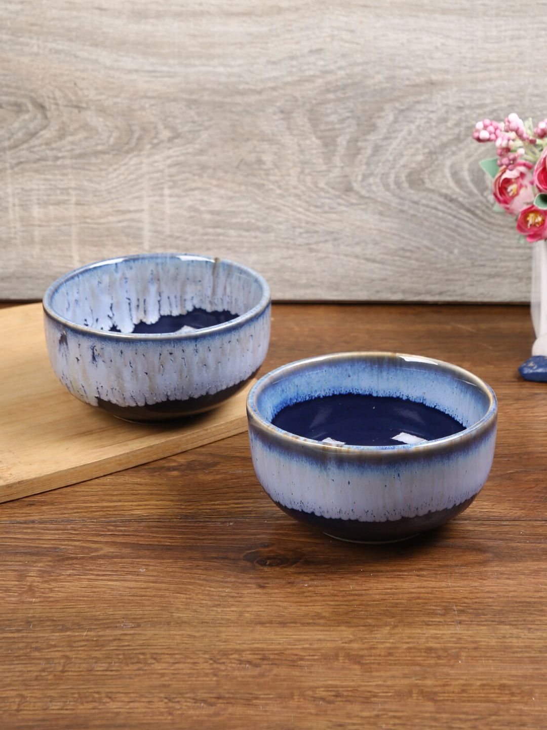 Aapno Rajasthan Blue 2 Pieces Handpainted Ceramic Glossy Bowls Price in India