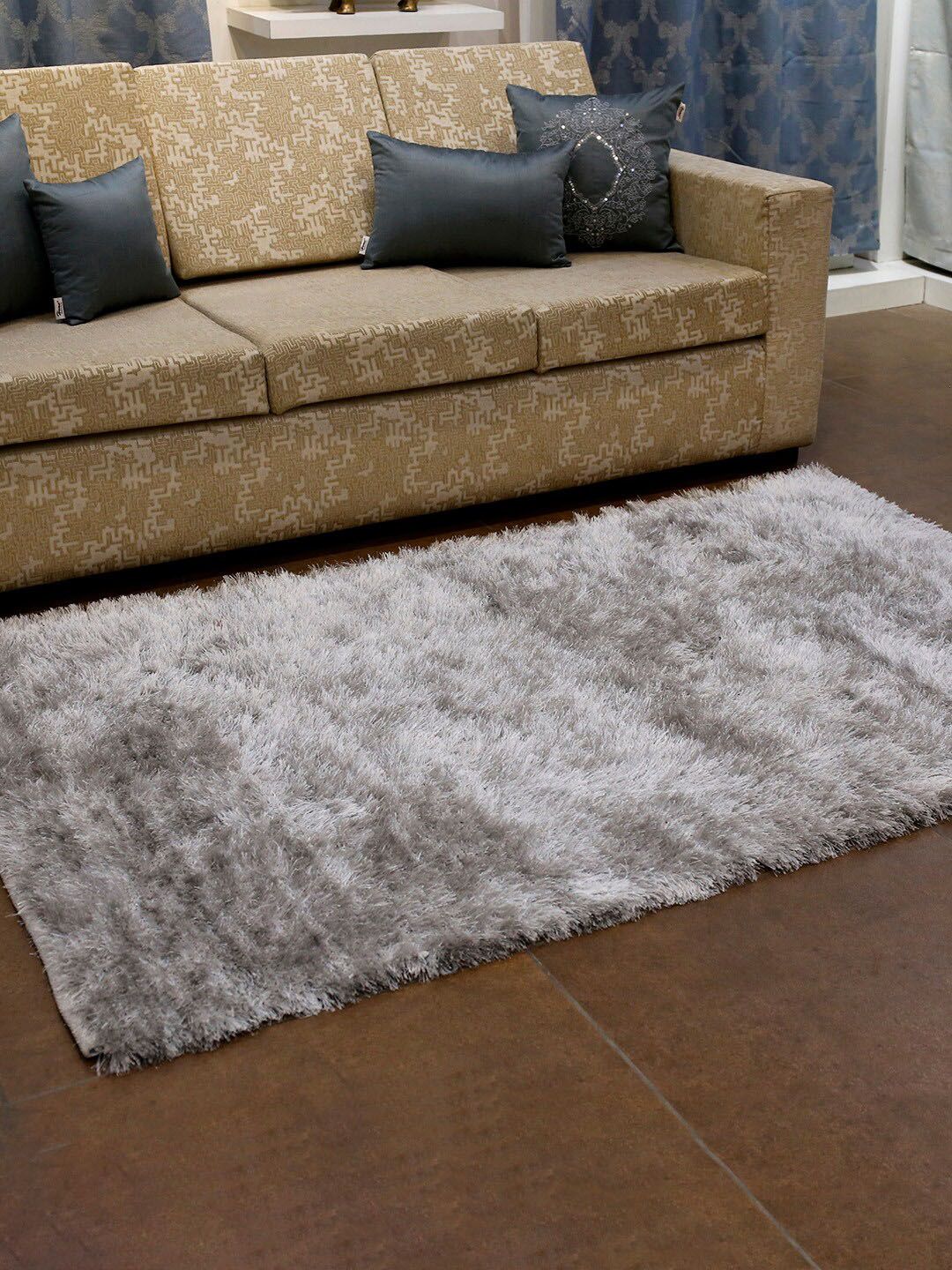 Home Silver-Coloured Solid Rectangular Shaggy Carpet Price in India