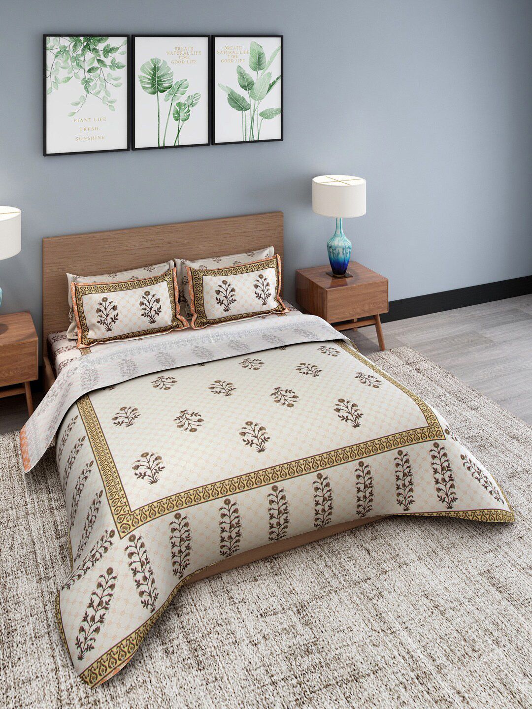 Rajasthan Decor Set Of 4 Beige & Brown Printed Cotton Double Bedding Set With Pillow Covers & Comforter Price in India