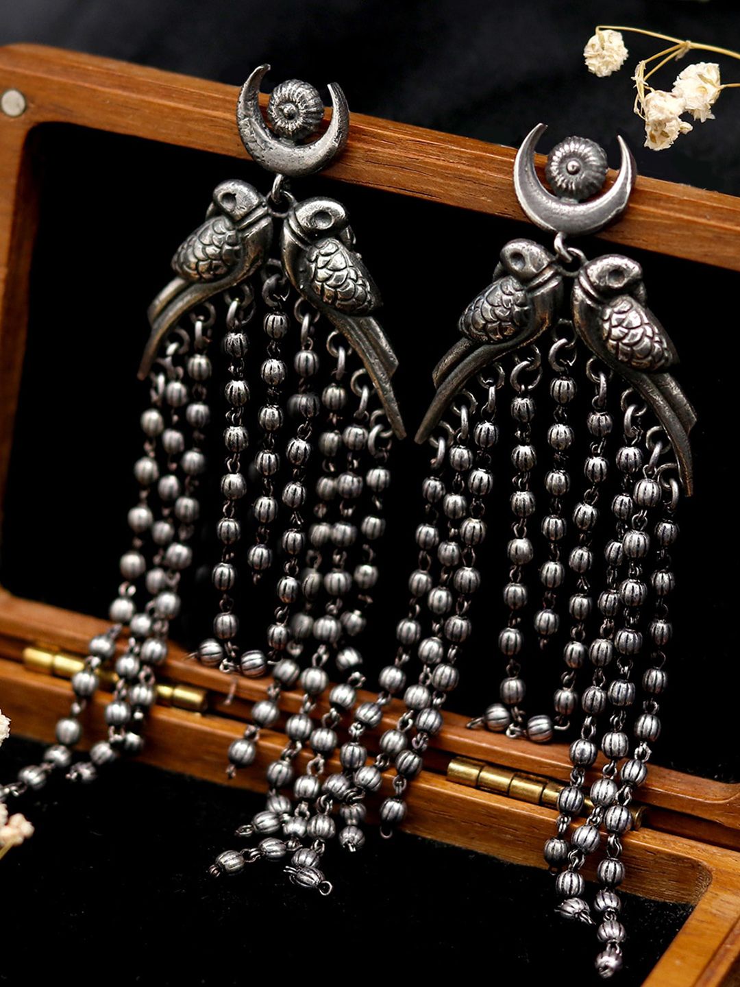 TEEJH Silver-Plated Oxidised Peacock Shaped Drop Earrings Price in India