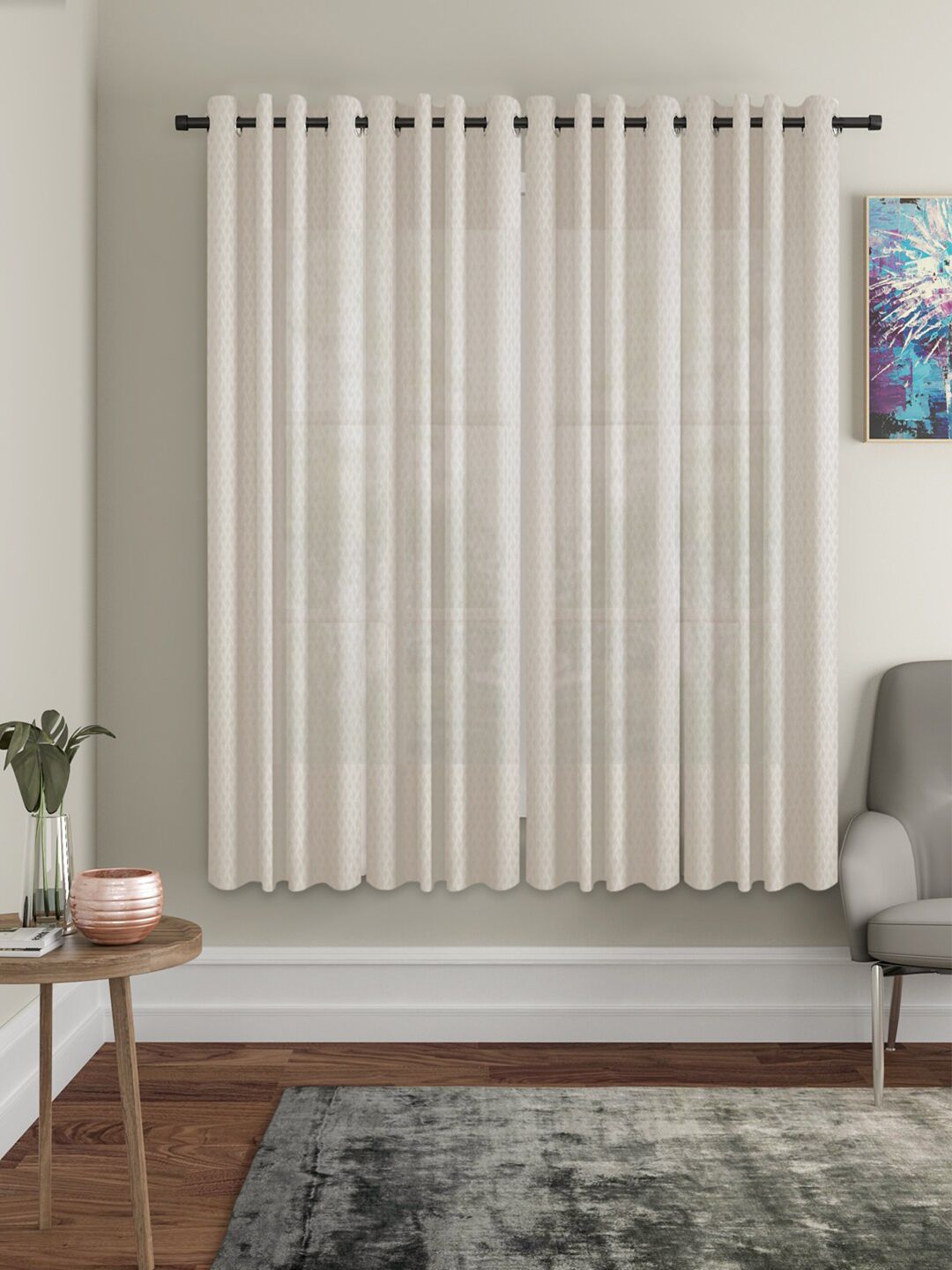 HOSTA HOMES Cream-Coloured Set of 4 Geometric Window Curtain Price in India