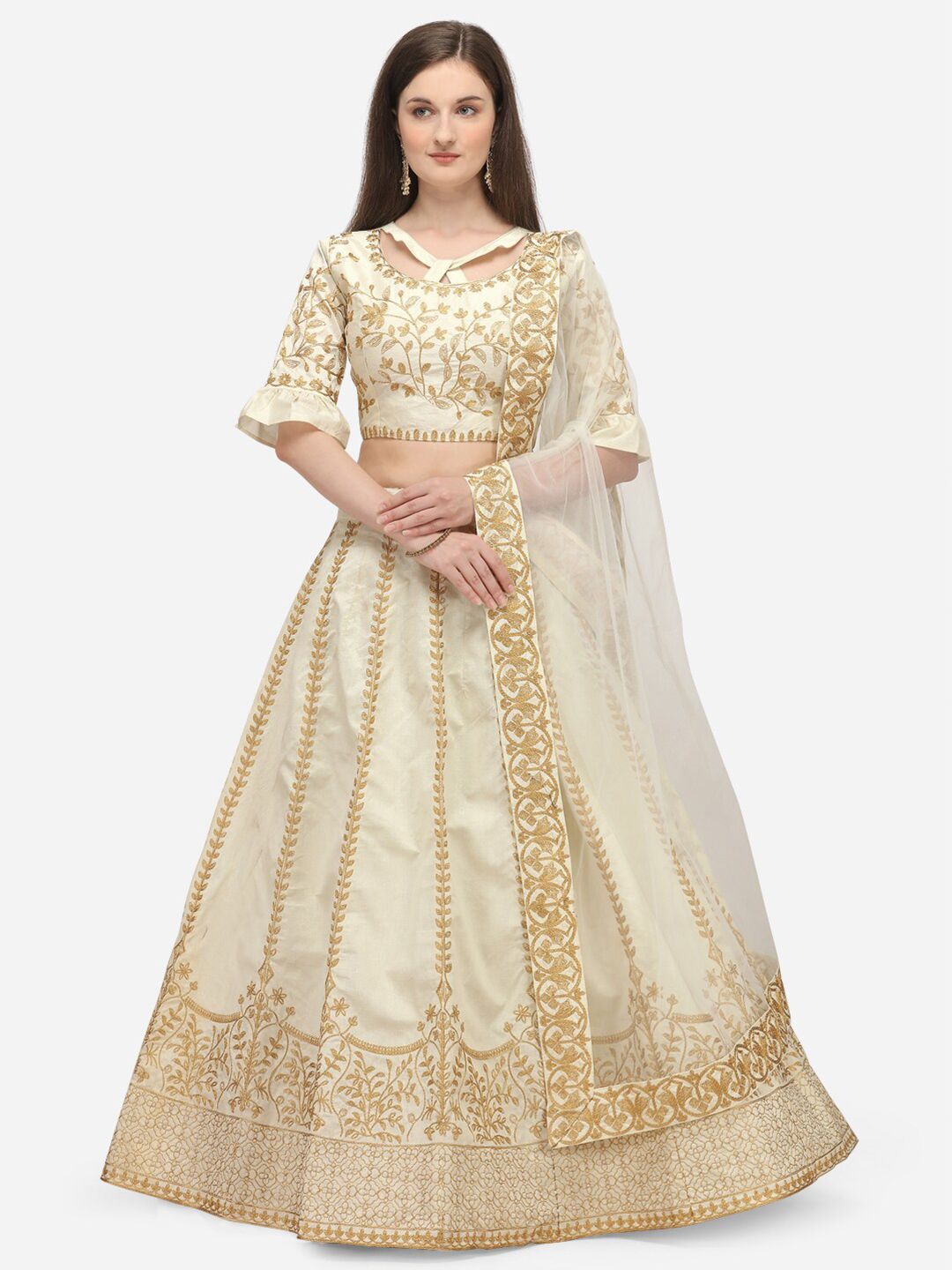 PURVAJA Off White & Gold-Toned Semi-Stitched Lehenga & Unstitched Blouse With Dupatta