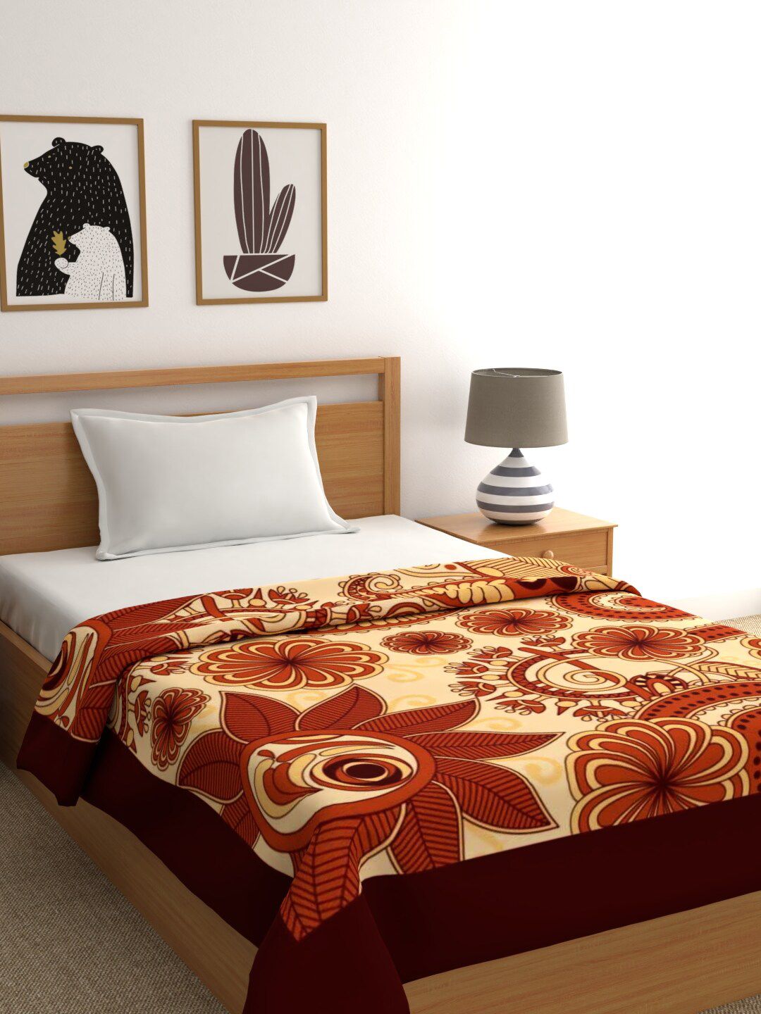 Raymond Home Beige & Orange Floral Mild Winter 450 GSM Single Bed Blanket Price in India