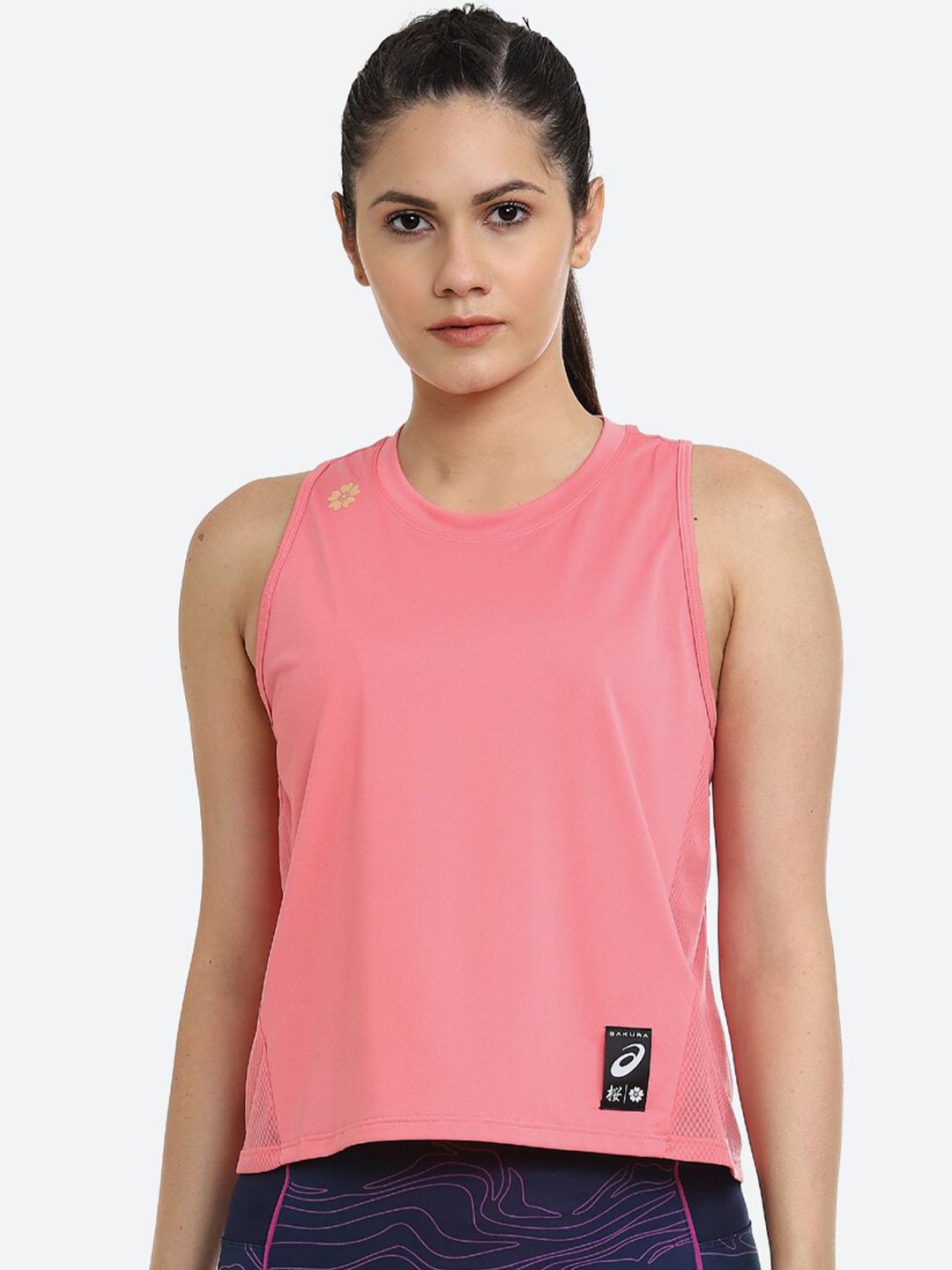 ASICS Sakura Tank  Women Peach-Coloured Typography Colourblocked Extended Sleeves Applique Running T-shirt Price in India
