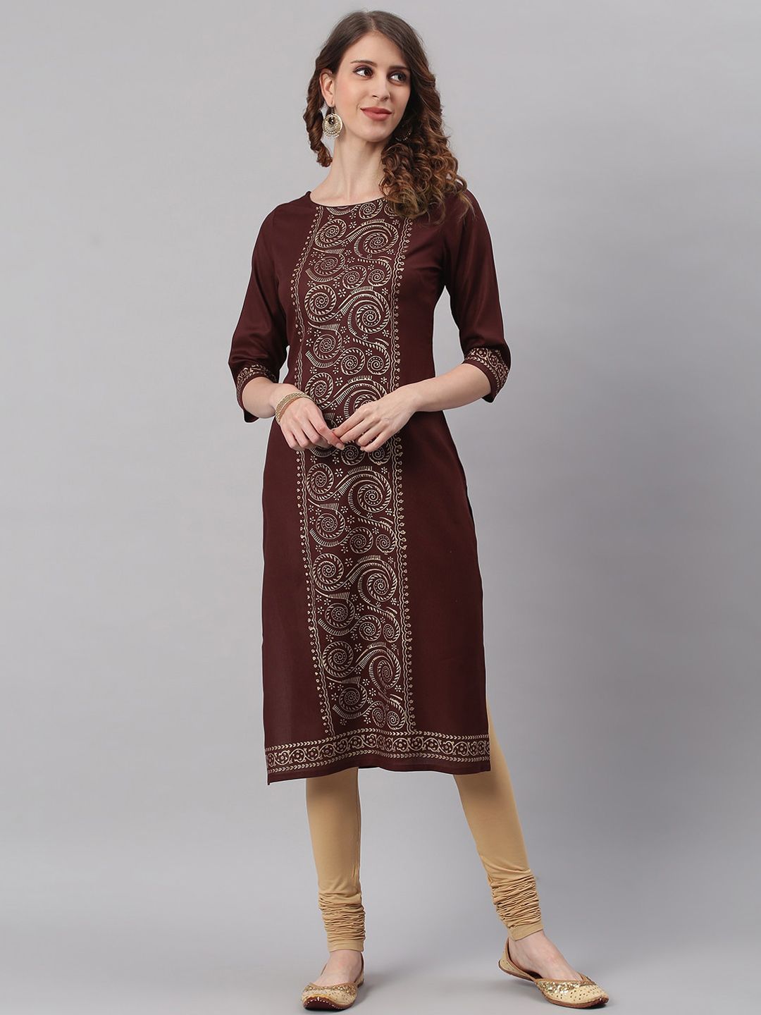 Janasya Women Brown Ethnic Motifs Printed Kurta