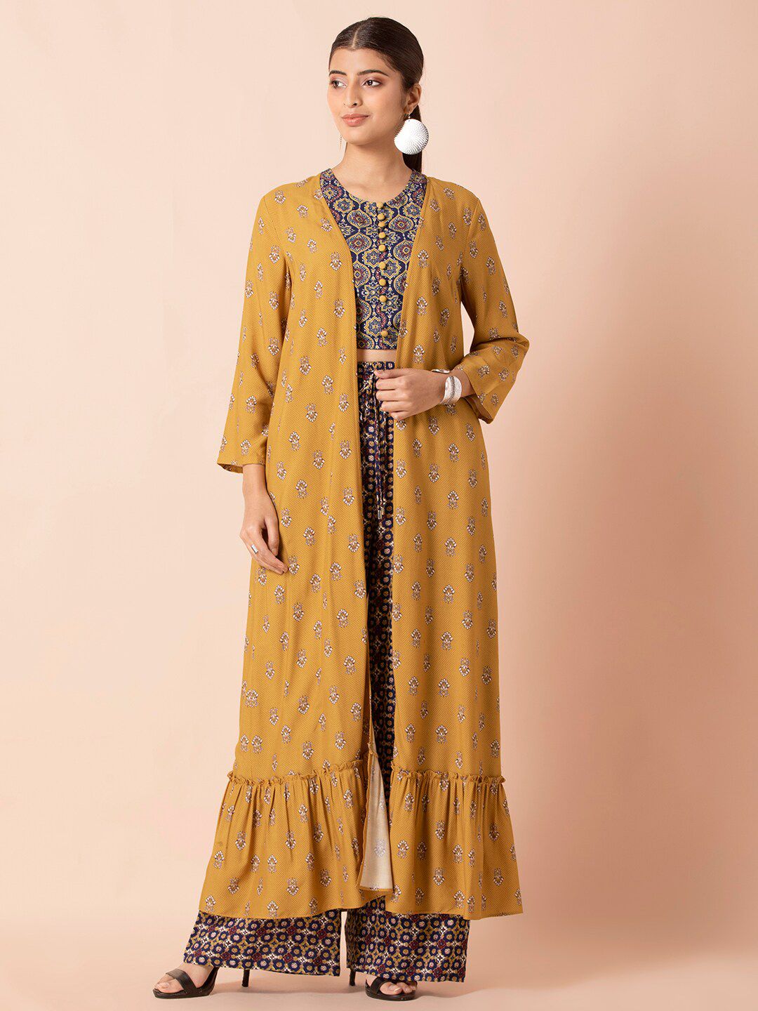 INDYA Women Yellow & White Mustard Floral Frilled Maxi Jacket Price in India