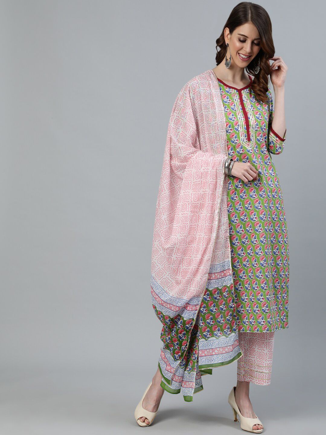 Jaipur Kurti Women Green Ethnic Motifs Printed Pure Cotton Kurta with Trousers & With Dupatta Price in India