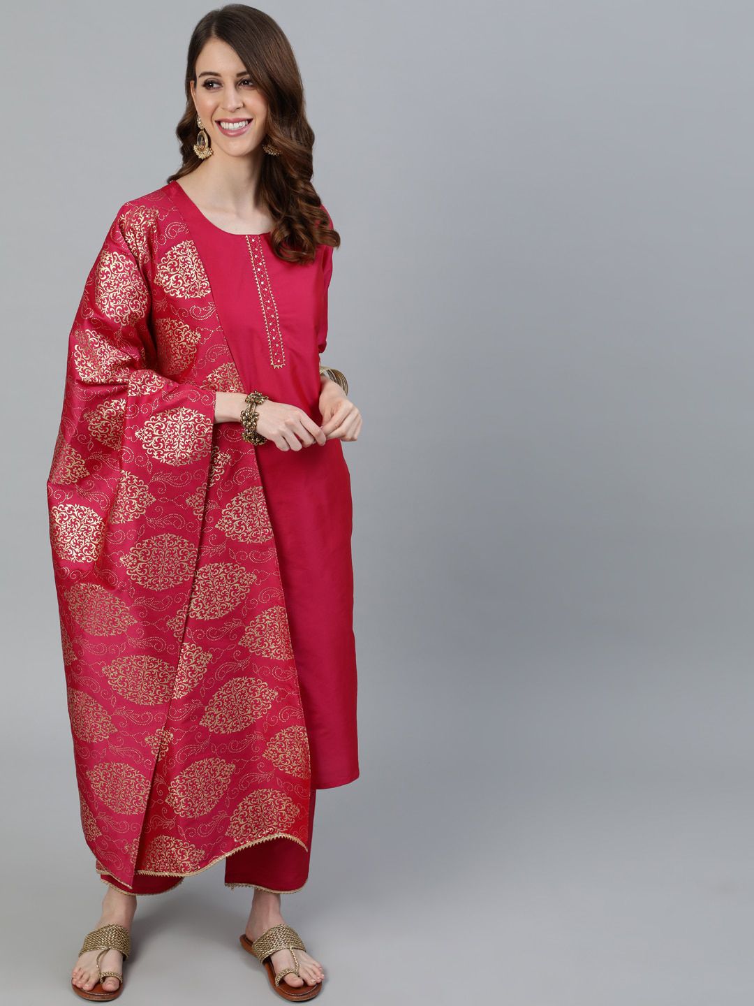 Jaipur Kurti Women Pink Ethnic Motifs Kurta with Trousers & With Dupatta Price in India