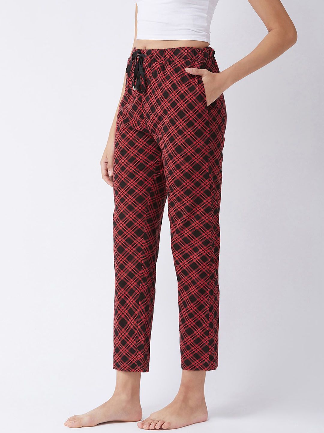 Miss Chase Women Red & Black Checked Cotton Lounge Pants Price in India