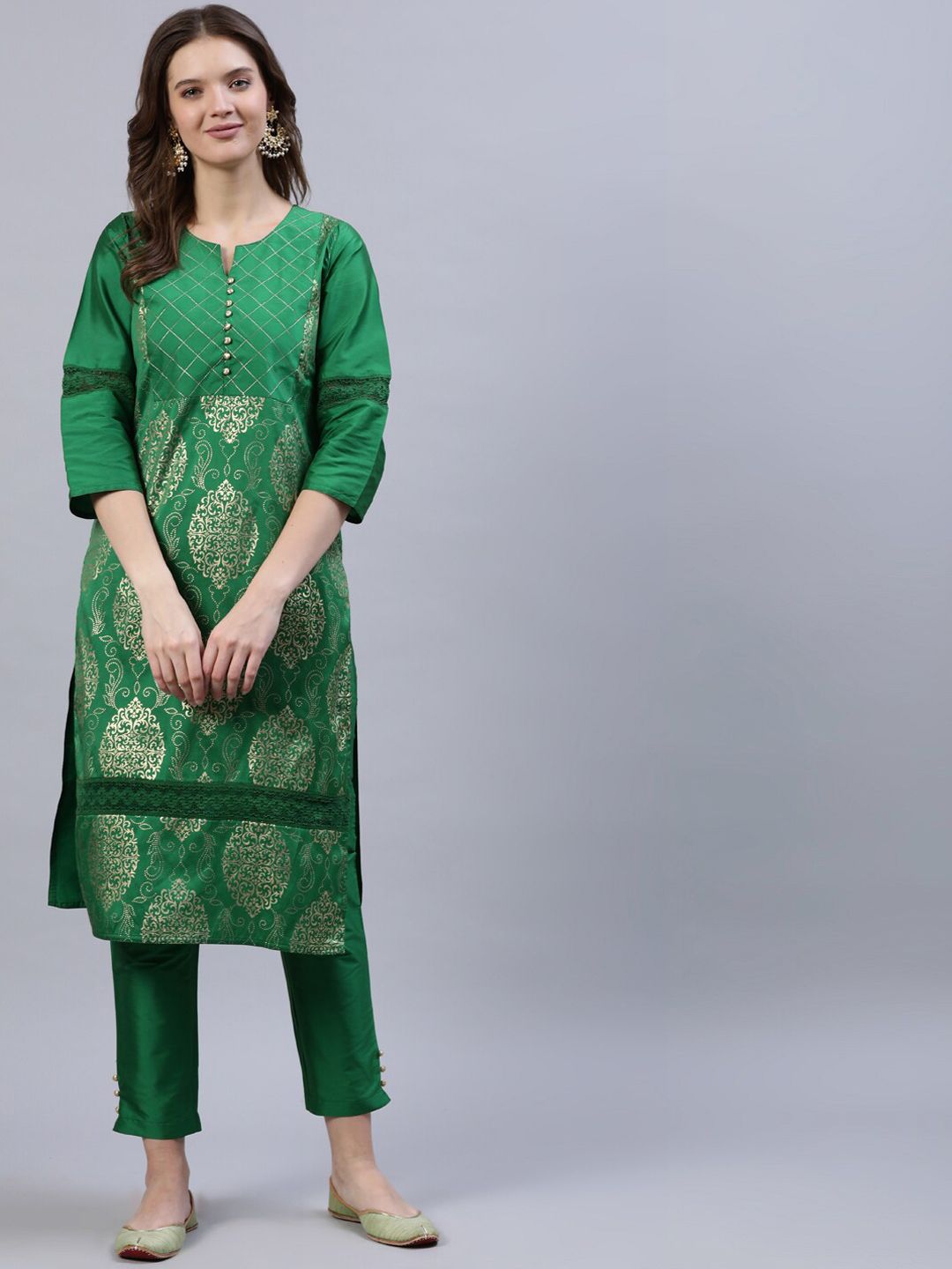 Jaipur Kurti Women Green Ethnic Motifs Printed Kurta with Trousers Price in India