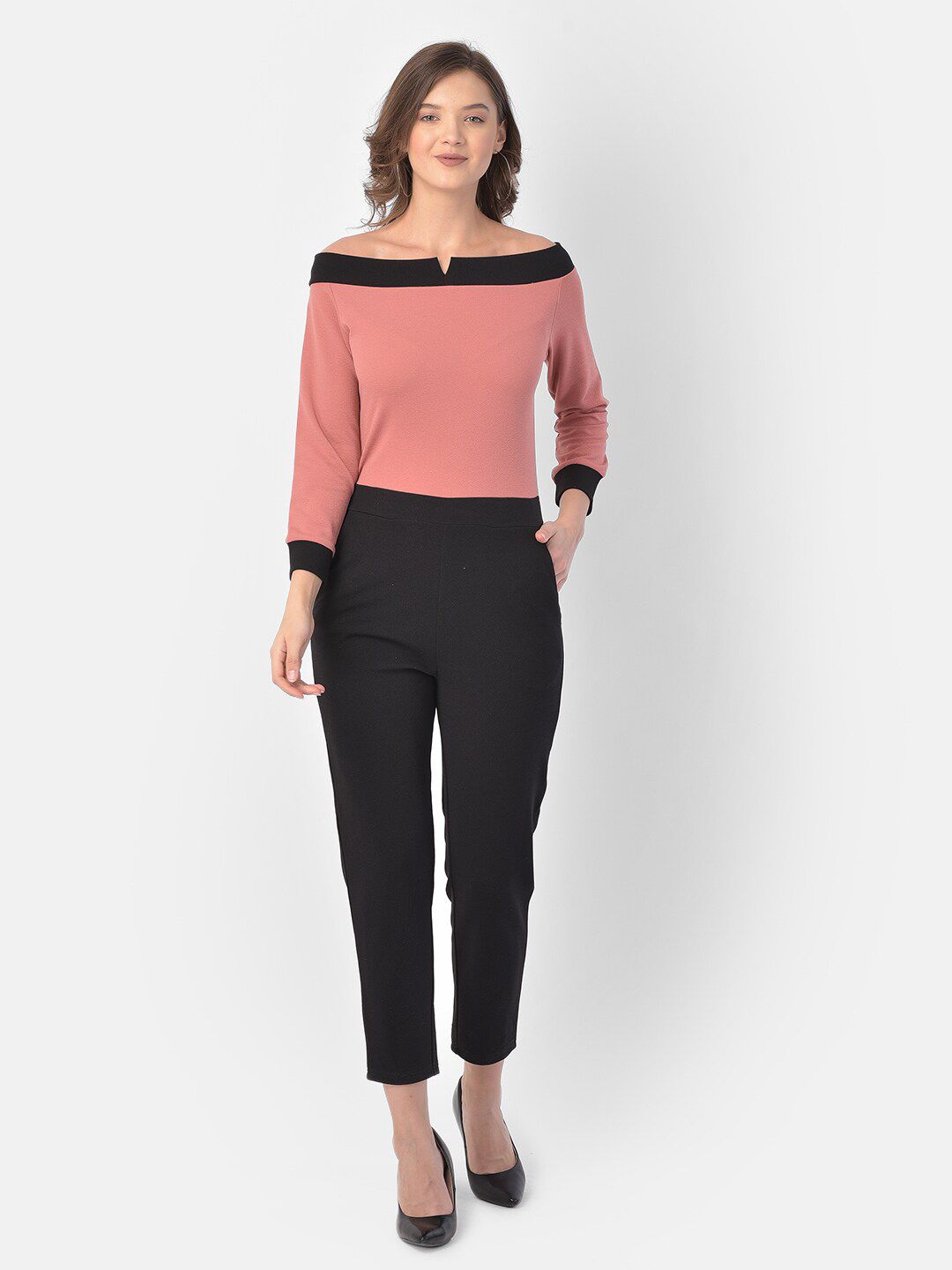 Eavan Women Pink & Black Off-Shoulder Colourblocked Basic Jumpsuit Price in India