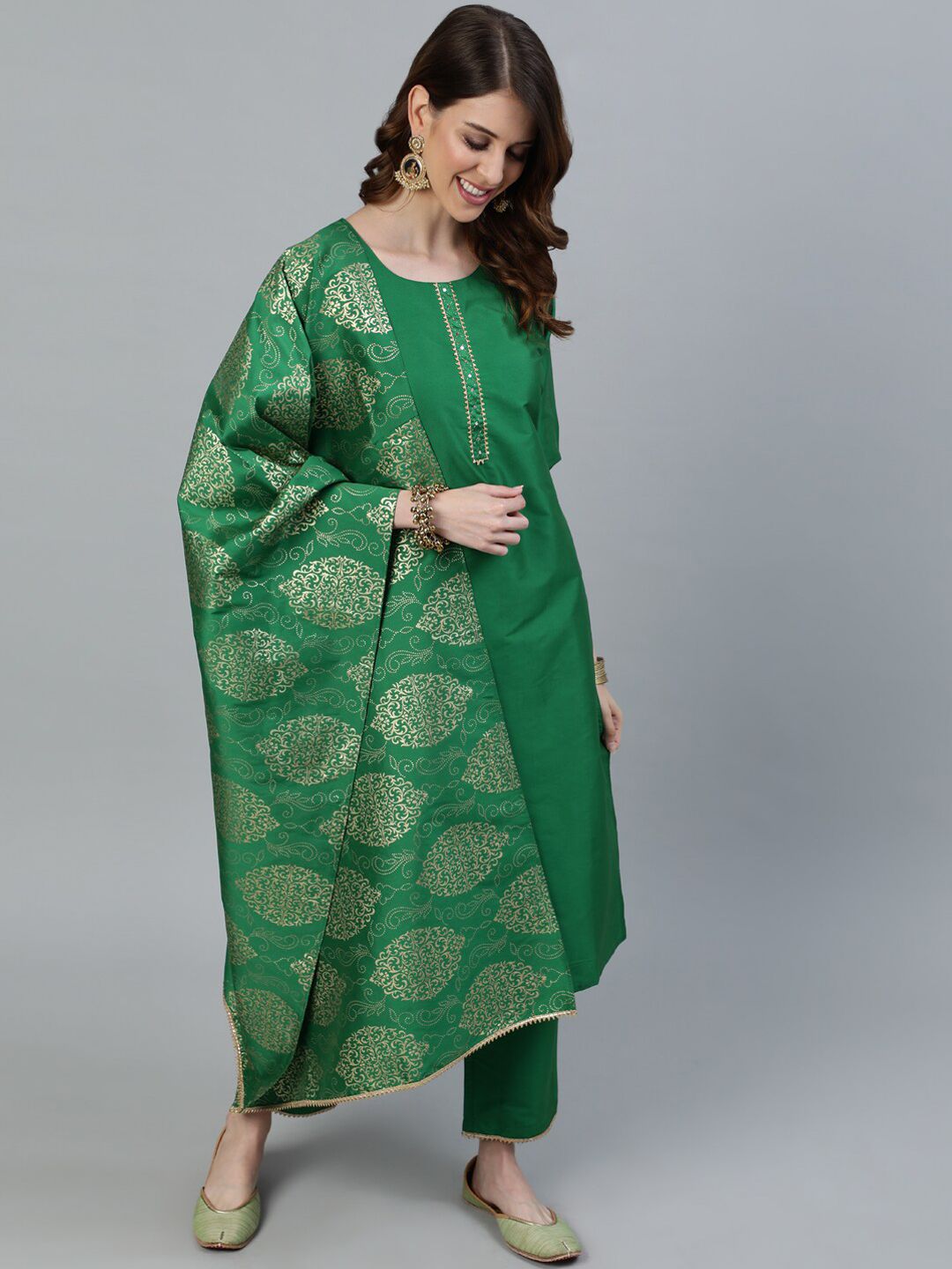 Jaipur Kurti Women Green Empire Kurti with Trousers & With Dupatta Price in India