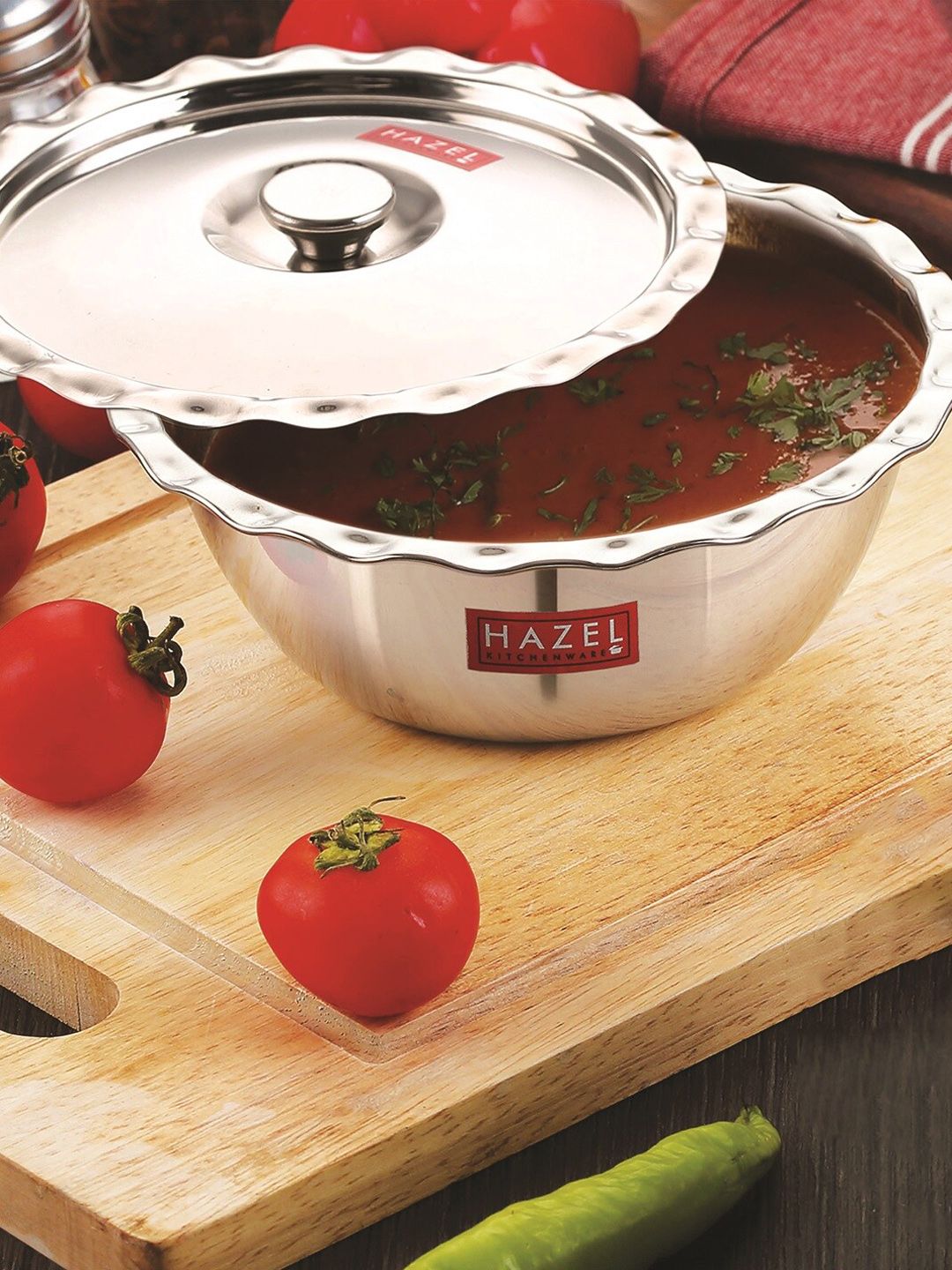 HAZEL Silver-Toned Solid Stainless Steel Serving Bowl With Lid 400 ML Price in India