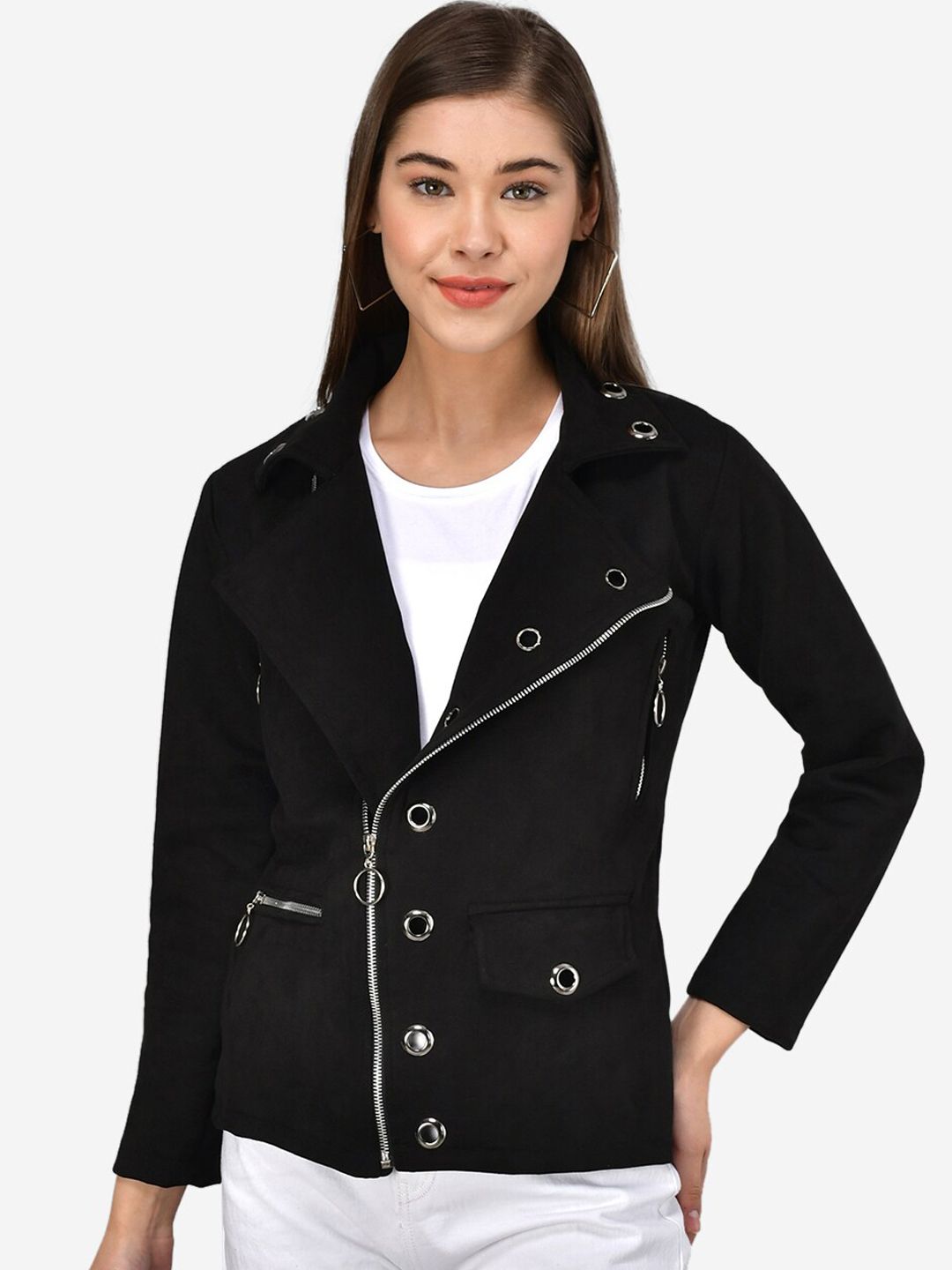 Darzi Women Black Solid Asymmetric Closure Biker Jacket Price in India