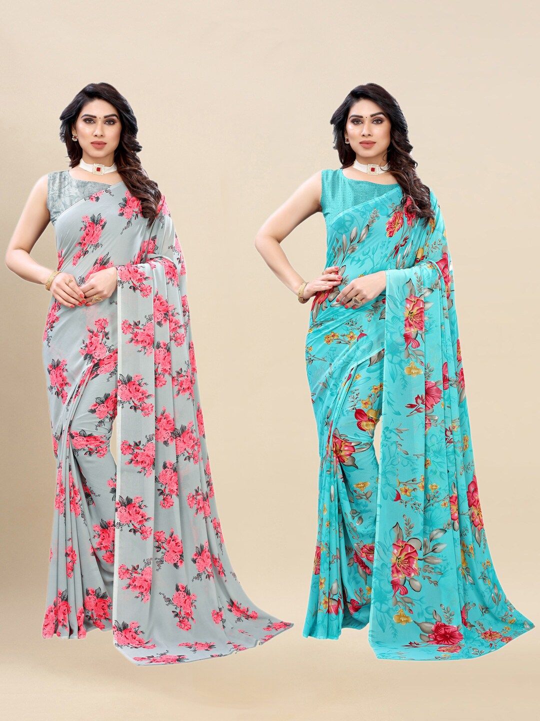 KALINI Pack Of 2 Grey & Turquoise Blue Floral Pure Georgette Saree