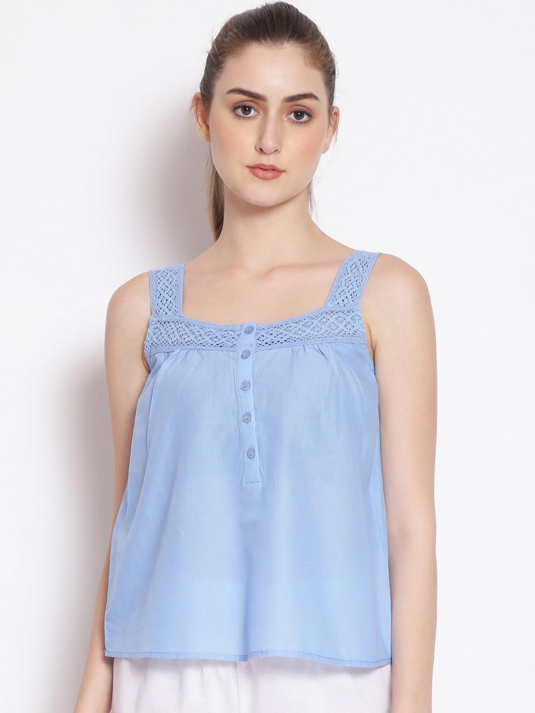 Oxolloxo Women Blue Solid Cotton Lounge Top Price in India