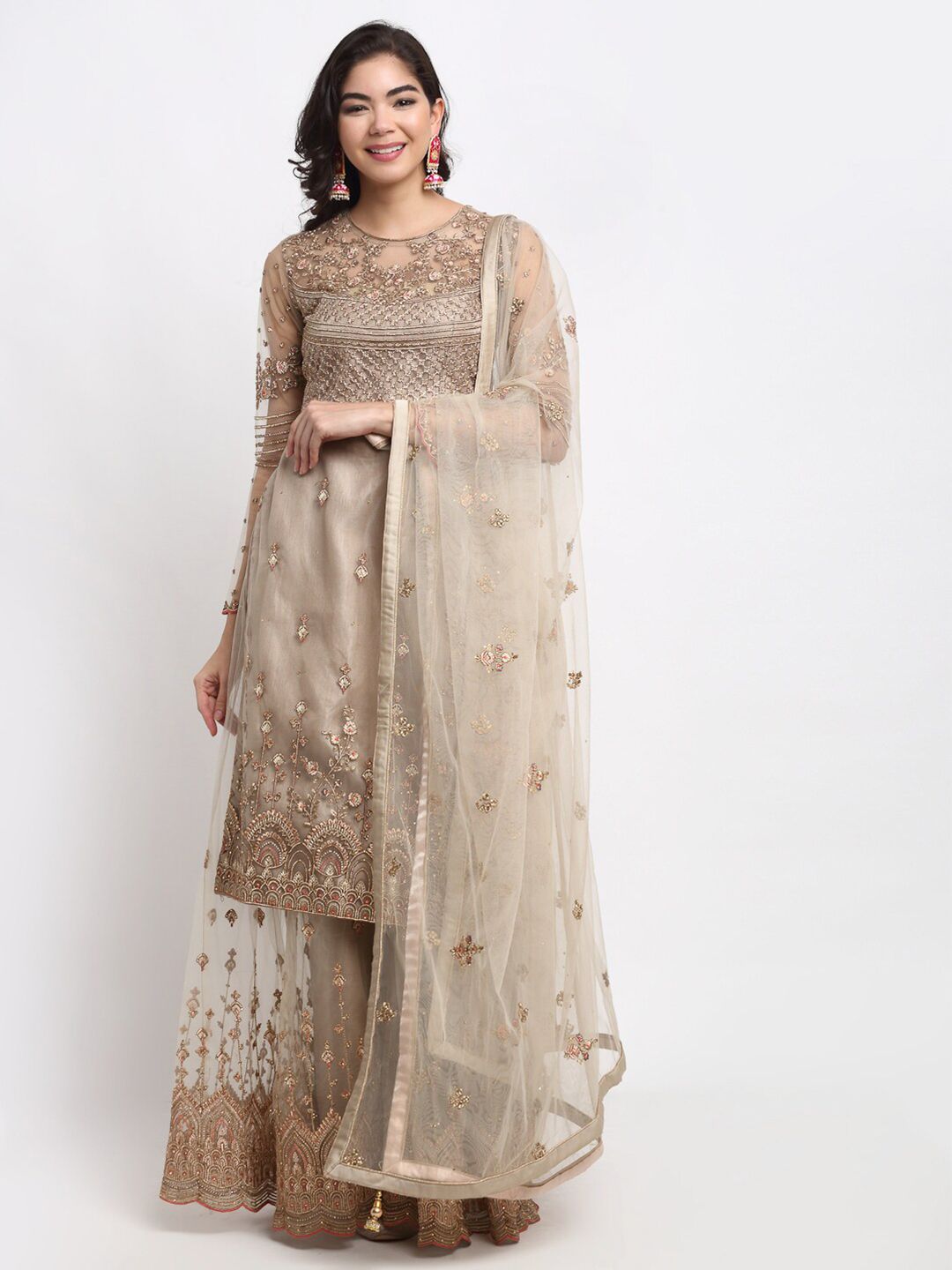 Stylee LIFESTYLE Beige Embroidered Semi-Stitched Dress Material Price in India