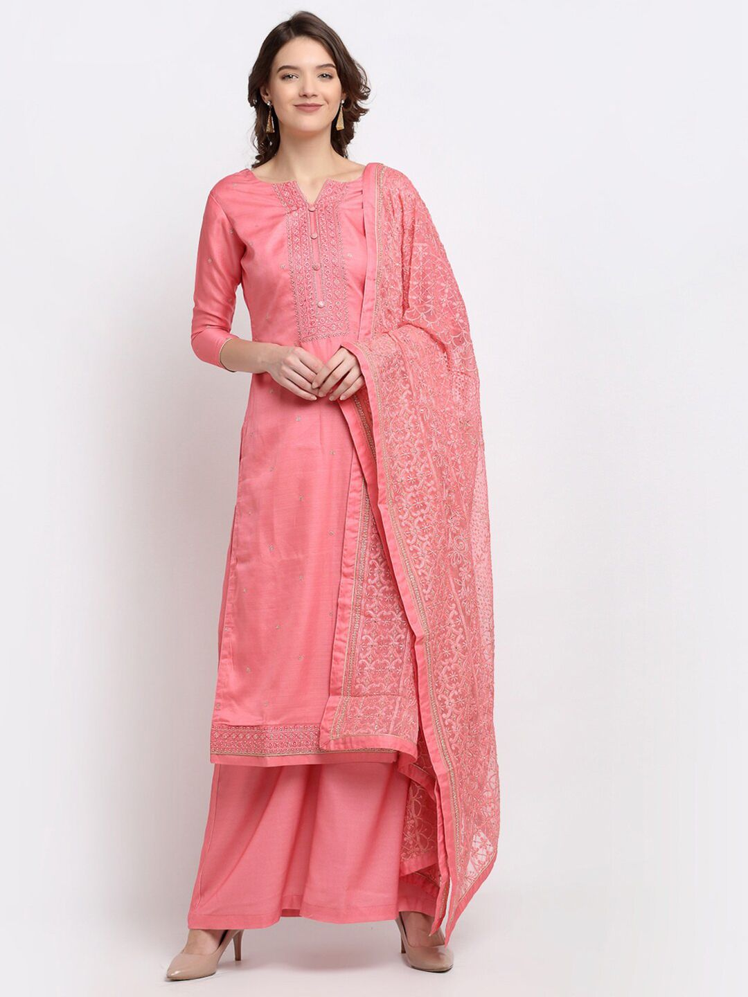 Stylee LIFESTYLE Pink & Silver-Toned Embroidered Pure Silk Unstitched Dress Material Price in India