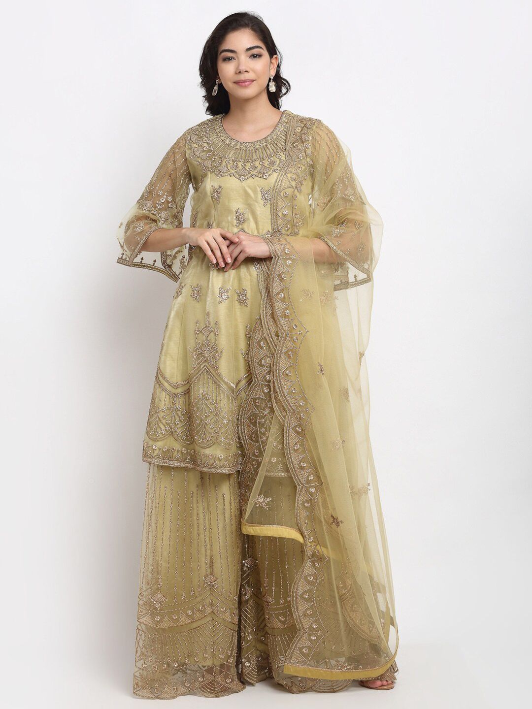 Stylee LIFESTYLE Olive & Gold-Toned Embellished Semi-Stitched Dress Material Price in India