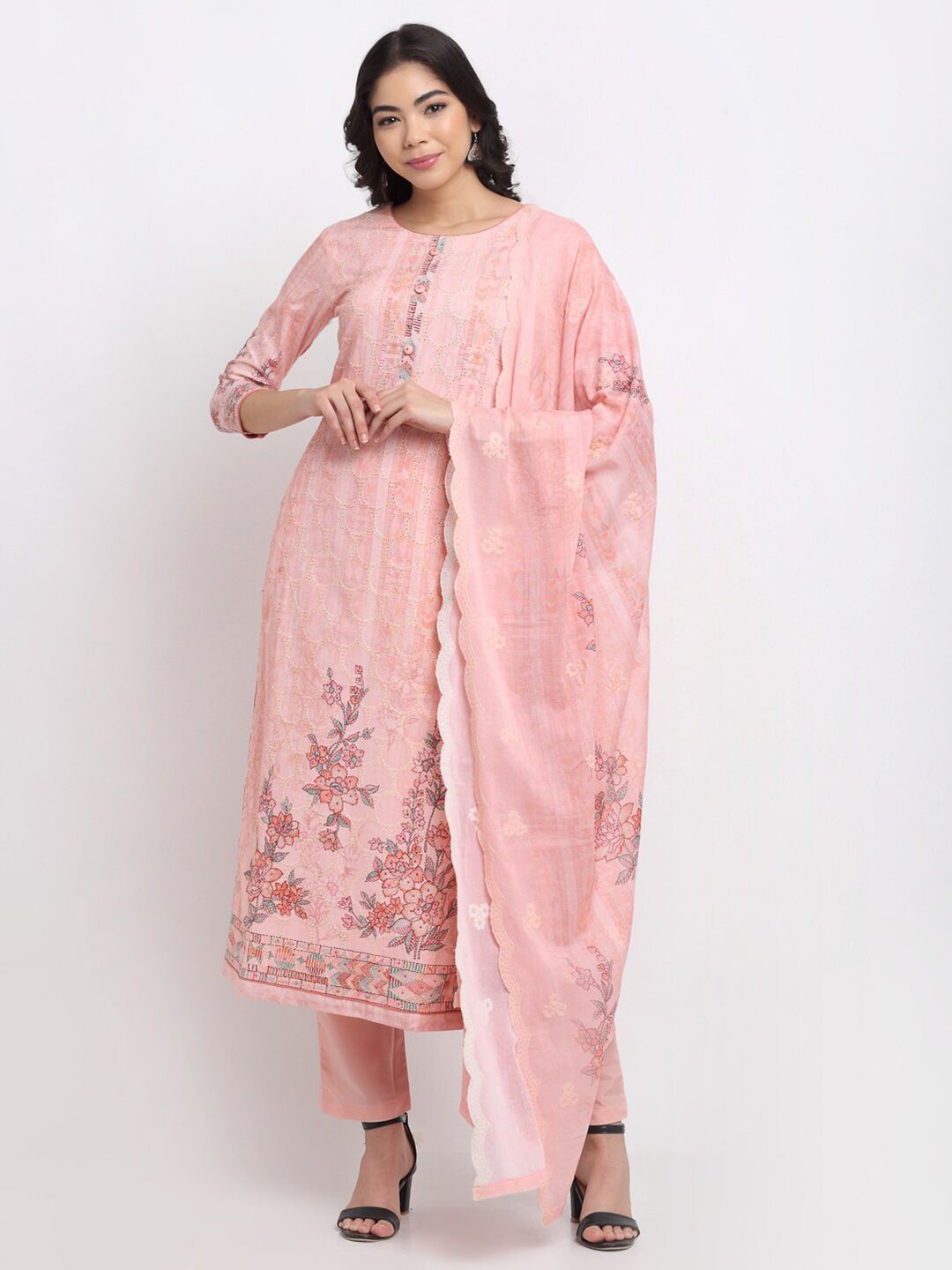 Stylee LIFESTYLE Pink & Peach-Coloured Embroidered Unstitched Dress Material Price in India