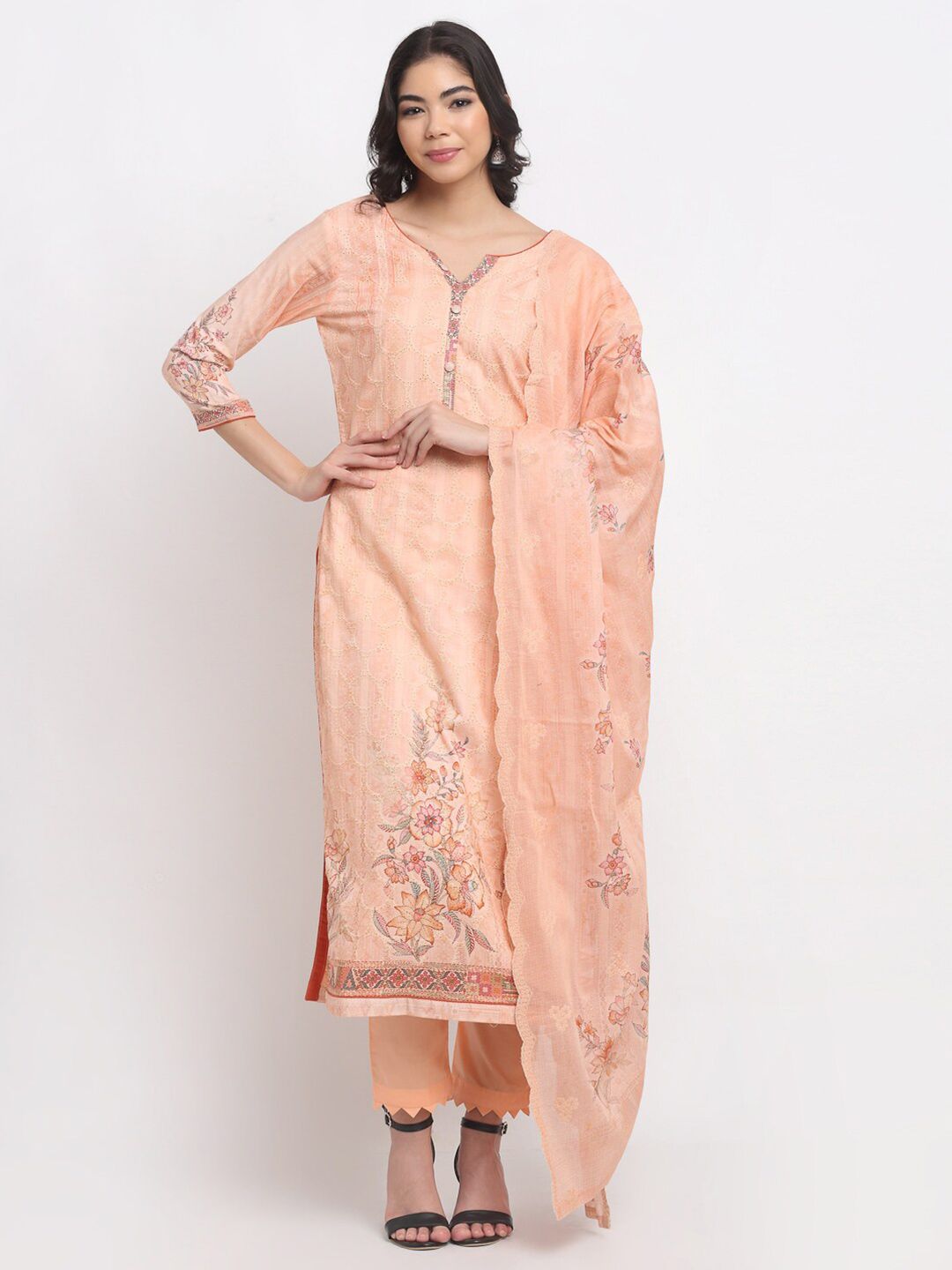 Stylee LIFESTYLE Peach Printed Unstitched Dress Material Price in India