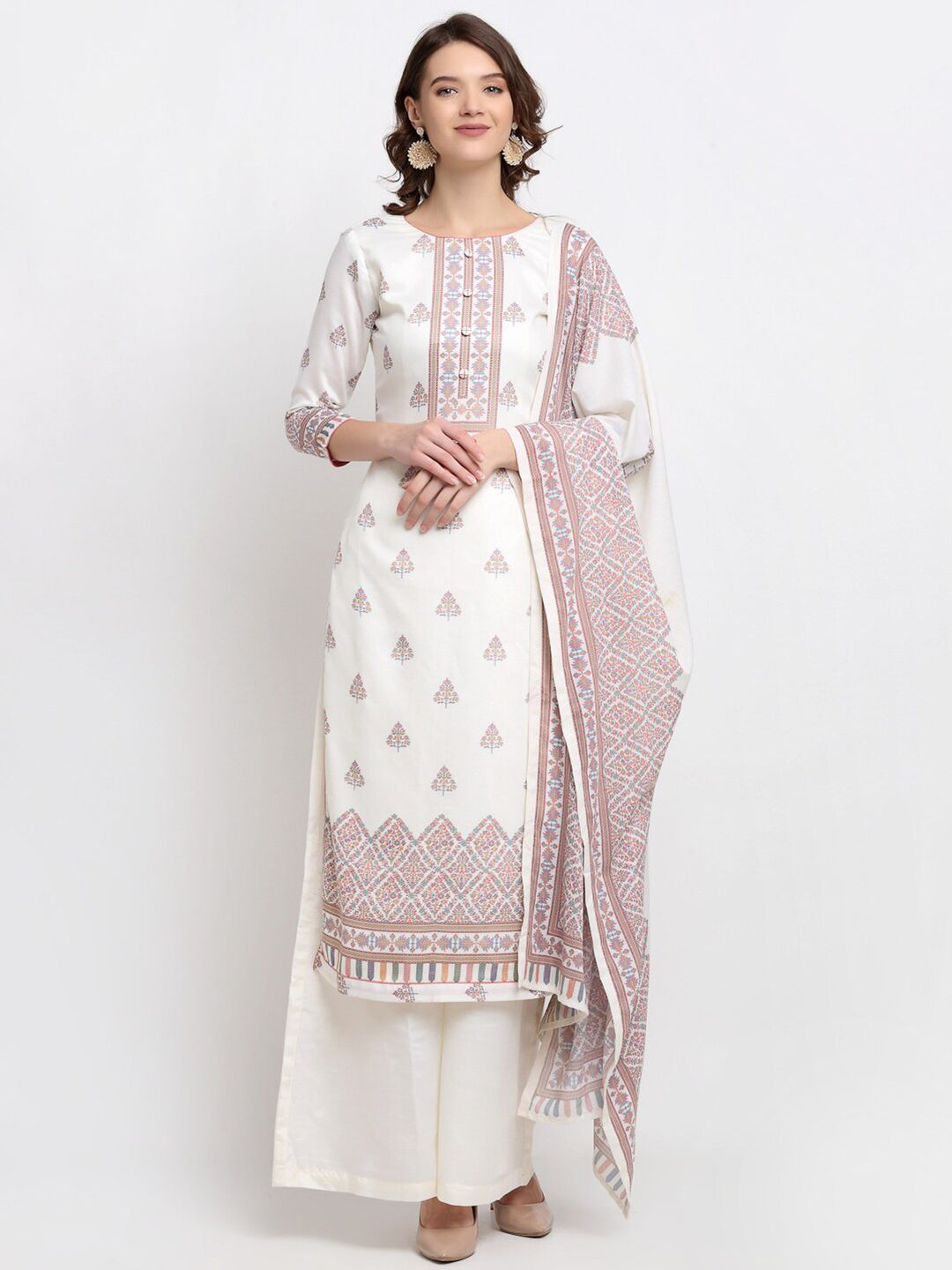 Stylee LIFESTYLE Cream & Pink Printed Unstitched Dress Material Price in India