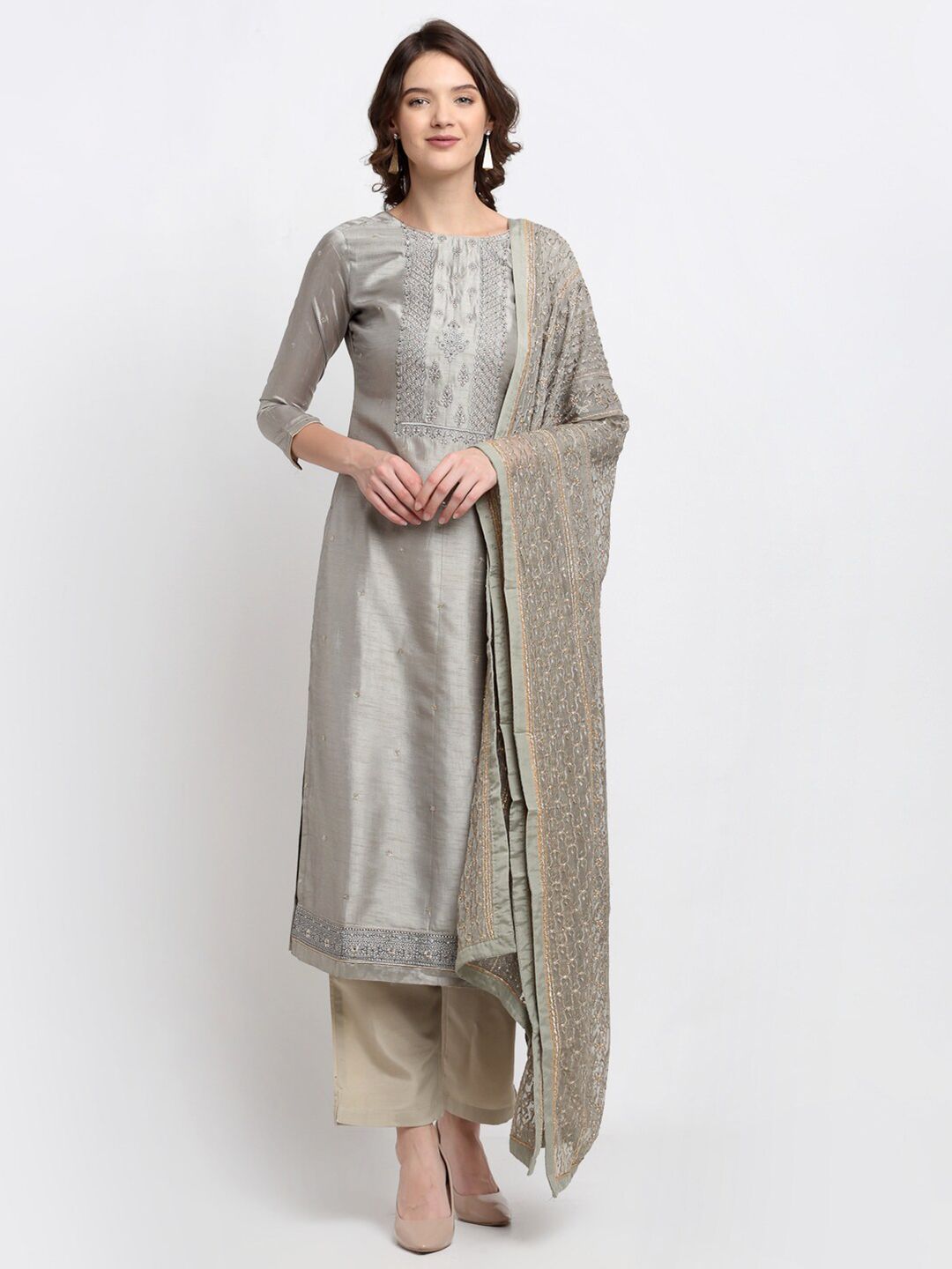 Stylee LIFESTYLE Grey & Gold-Toned Embroidered Pure Silk Unstitched Dress Material Price in India