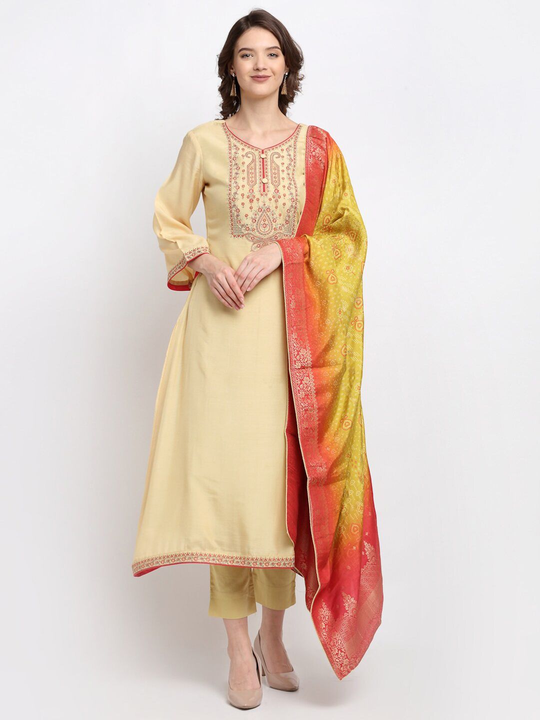 Stylee LIFESTYLE Beige & Red Embroidered Pure Silk Unstitched Dress Material Price in India