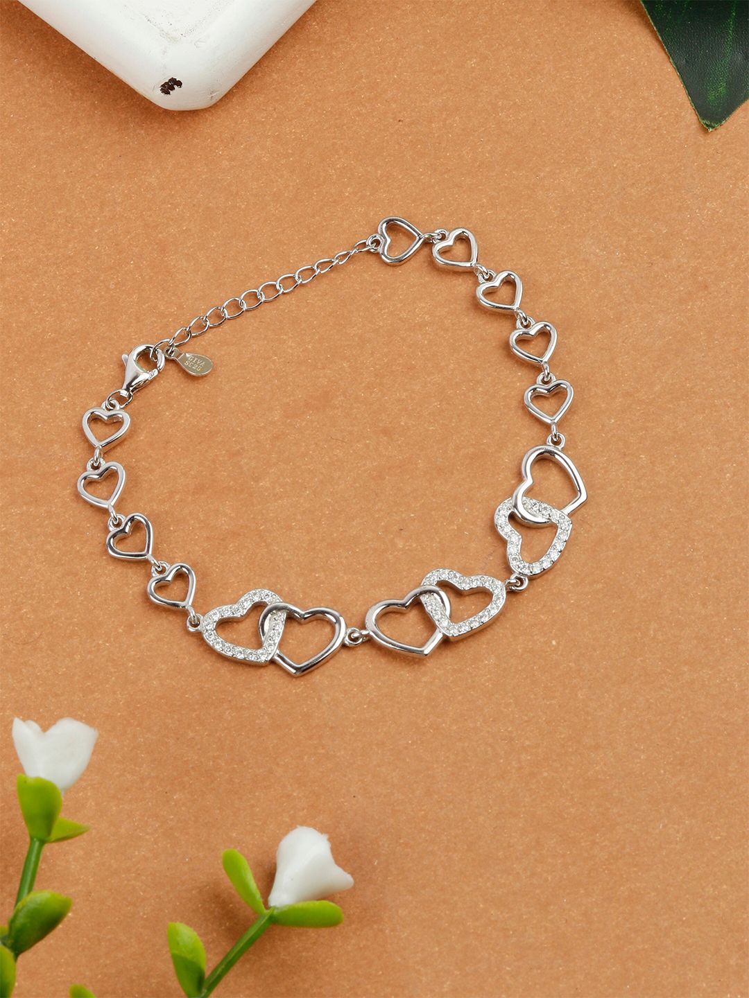 GIVA Women 925 Sterling Silver CZ Rhodium-Plated Wraparound Interlocked Heart Duo Bracelet Price in India