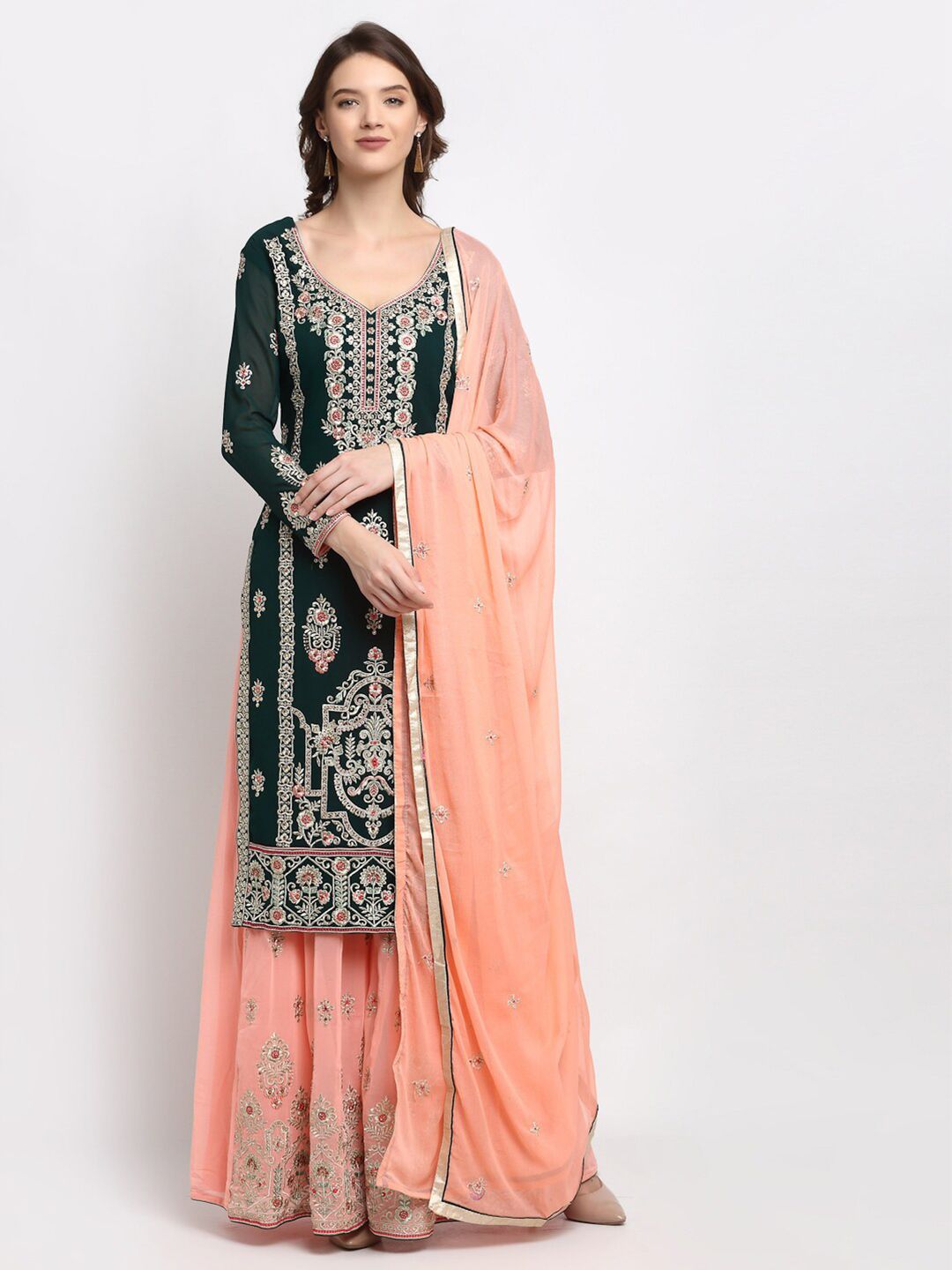 Stylee LIFESTYLE Green & Peach-Coloured Embroidered Semi-Stitched Dress Material Price in India