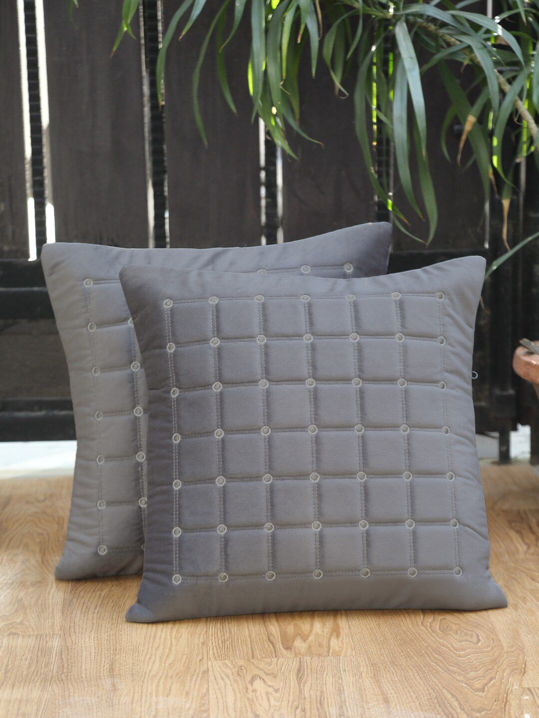 HOSTA HOMES Grey Set of 2 Embroidered Velvet Square Cushion Covers Price in India