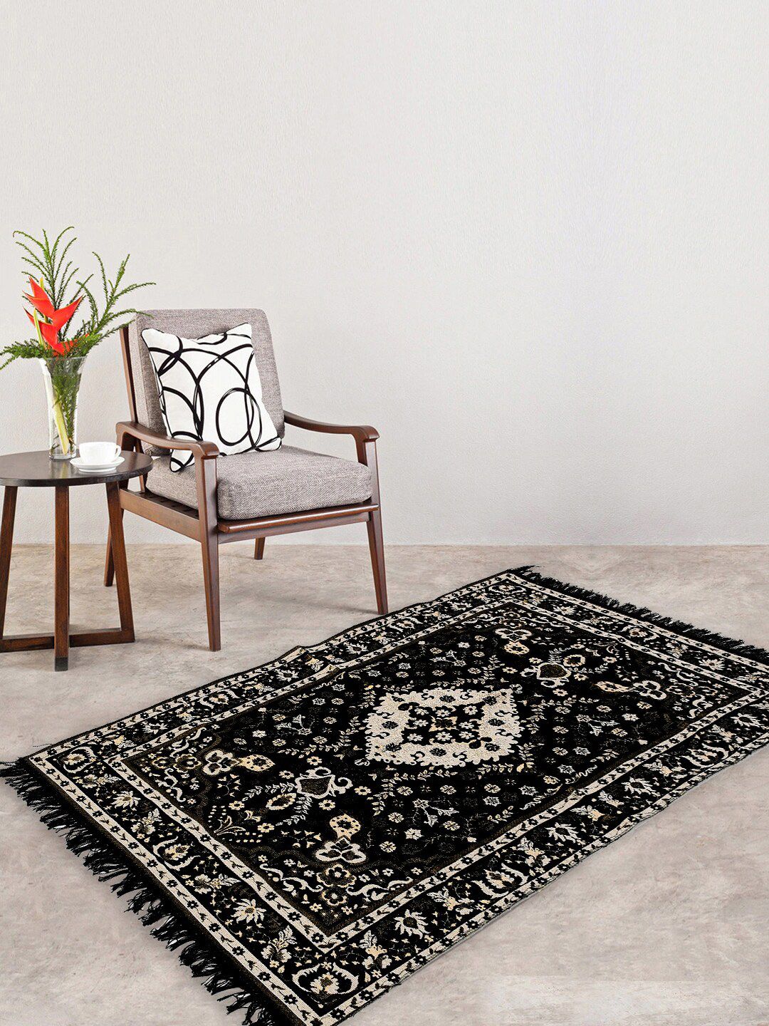 Kuber Industries Black & Off-White Printed Super Soft Velvet Traditional Anti-Skid Carpet Price in India