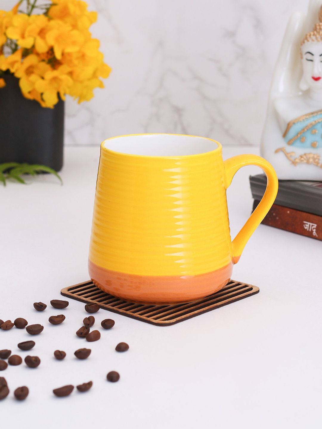 CLAY CRAFT Set of 2 Yellow & Peach-Coloured Geometric Ceramic Glossy Mugs Price in India