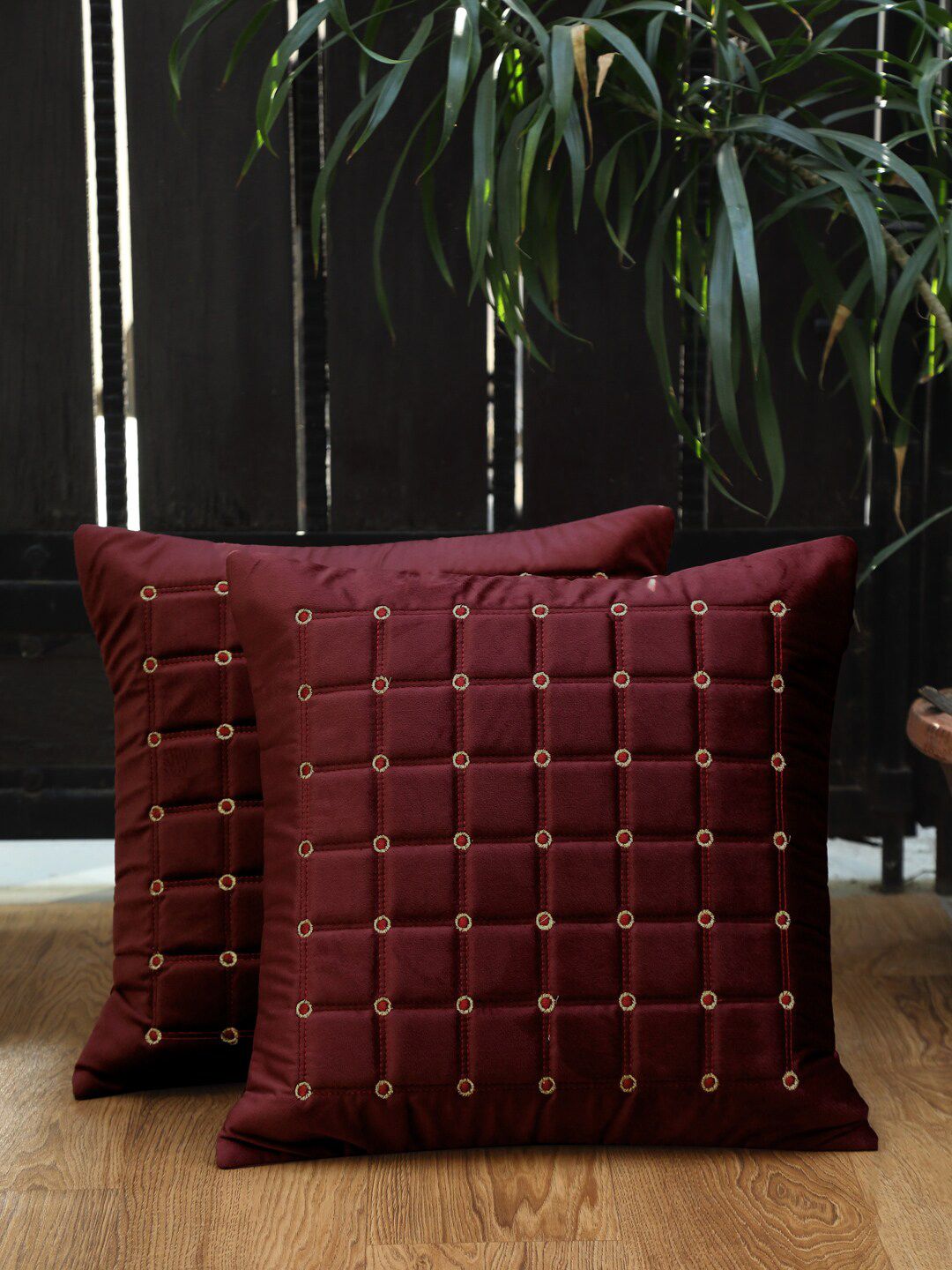 HOSTA HOMES Maroon & Gold-Toned Set of 2 Embroidered Velvet Square Cushion Covers Price in India