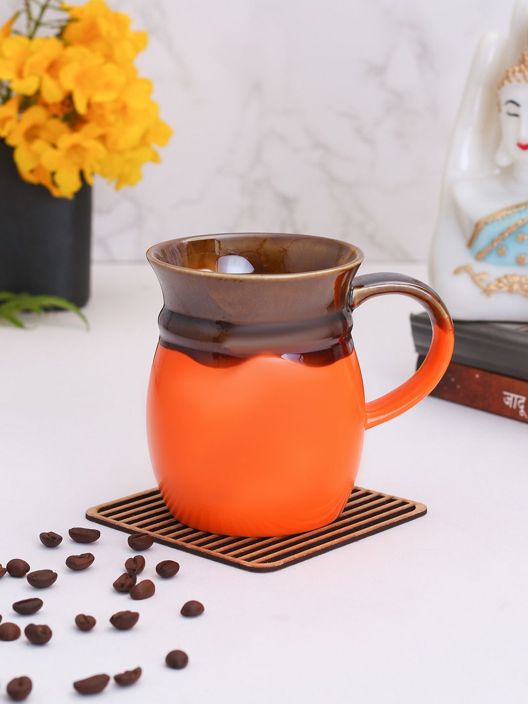 CLAY CRAFT Orange & Brown Solid Ceramic Glossy Mugs 300 ml Price in India