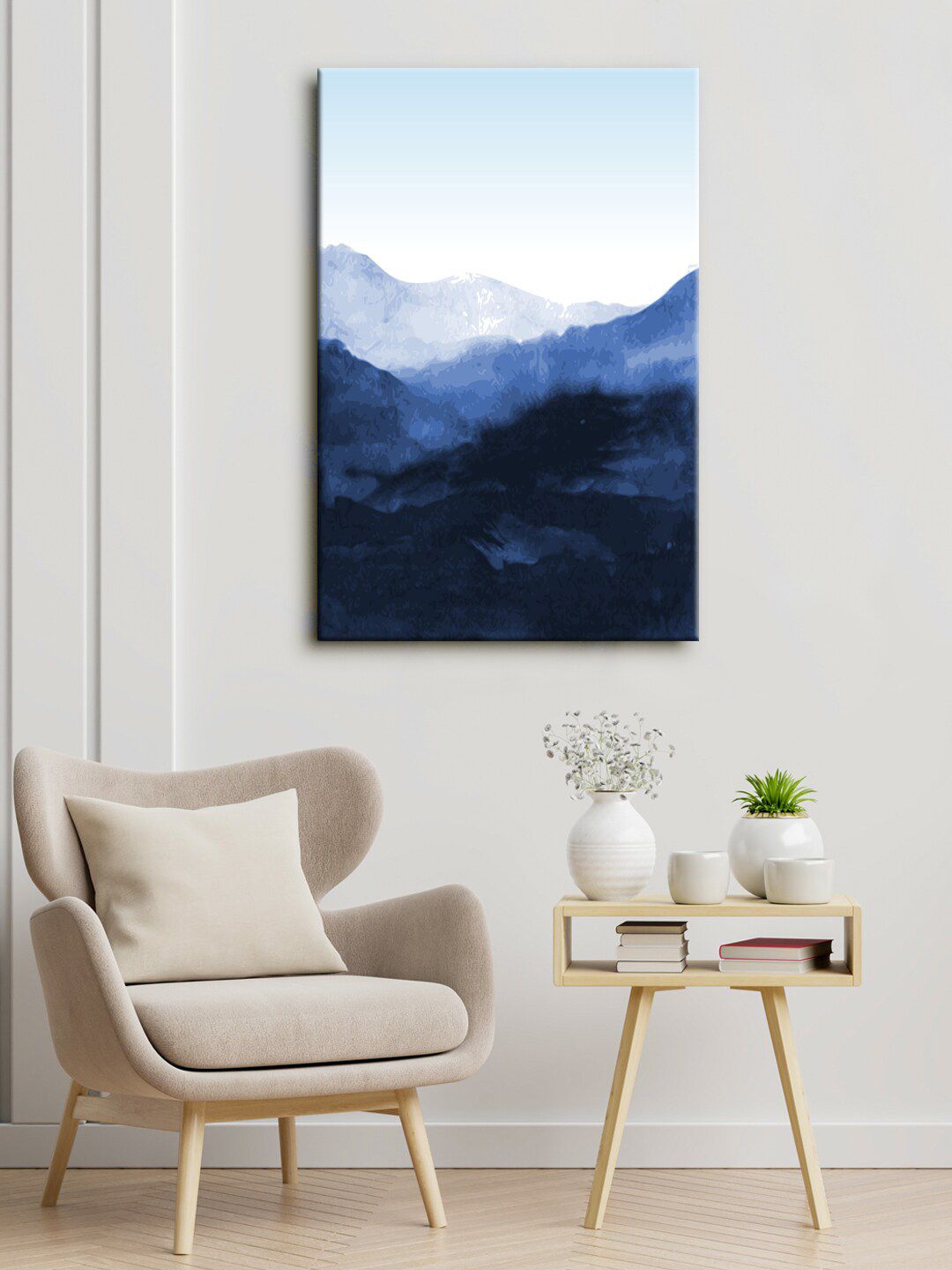 999Store Navy Blue & White Mountain Abstract Canvas Painting Framed Wall Art Price in India