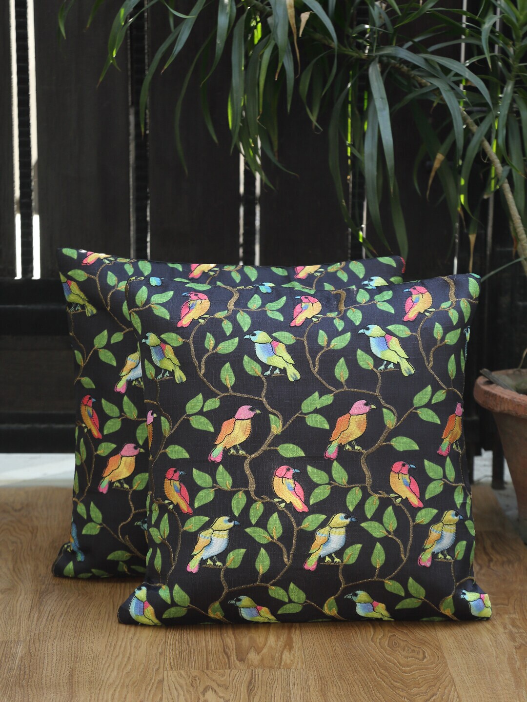HOSTA HOMES Black & Green Set of 2 Quirky Square Cushion Covers Price in India