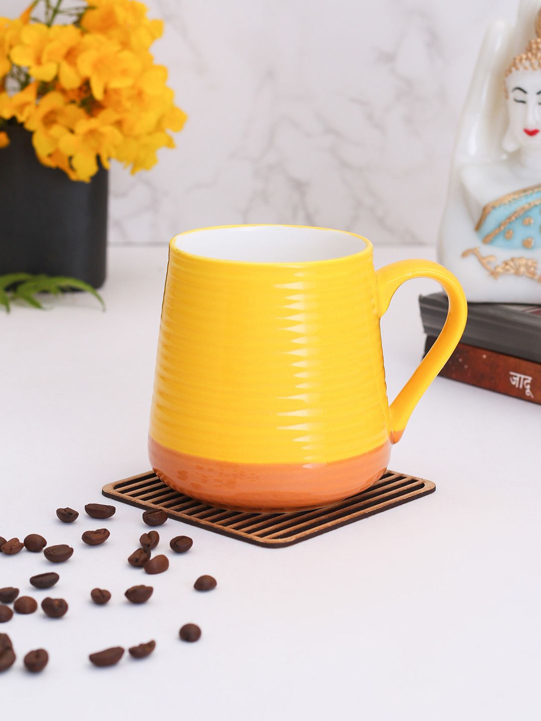 CLAY CRAFT Yellow & Peach-Coloured Geometric Solid Ceramic Glossy Mug Price in India