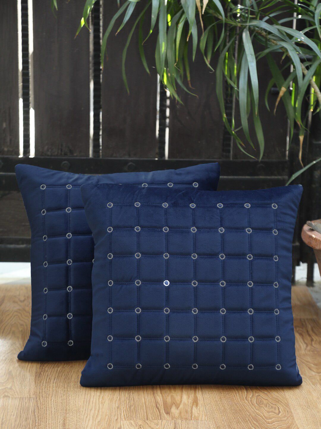 HOSTA HOMES Blue Set of 2 Embroidered Velvet Square Cushion Covers Price in India