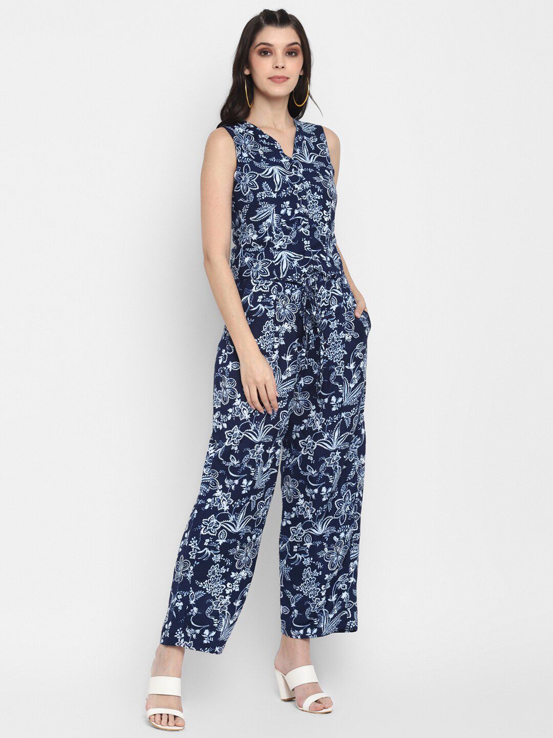 BLANC9 Blue & White Floral Printed Basic Jumpsuit Price in India