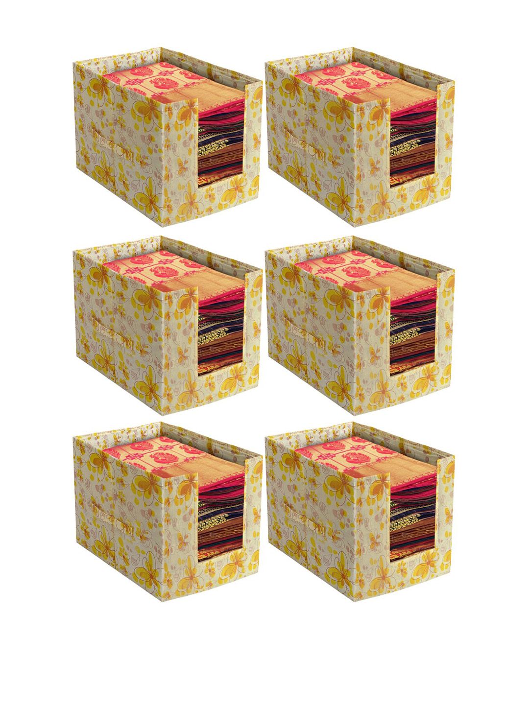 Kuber Industries Set Of 6 Yellow Flower Printed Foldable Rectangle Saree Stacker Organisers With Handles Price in India