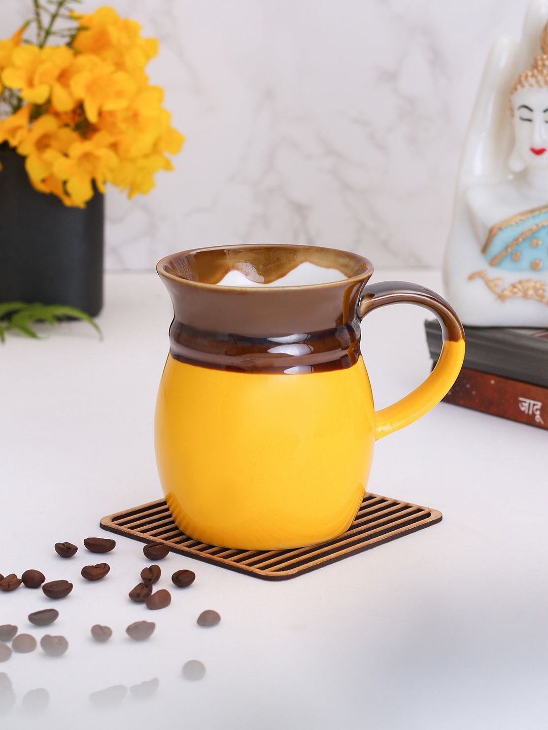 CLAY CRAFT Set Of 2 Yellow & Brown Printed Ceramic Glossy Mugs Price in India