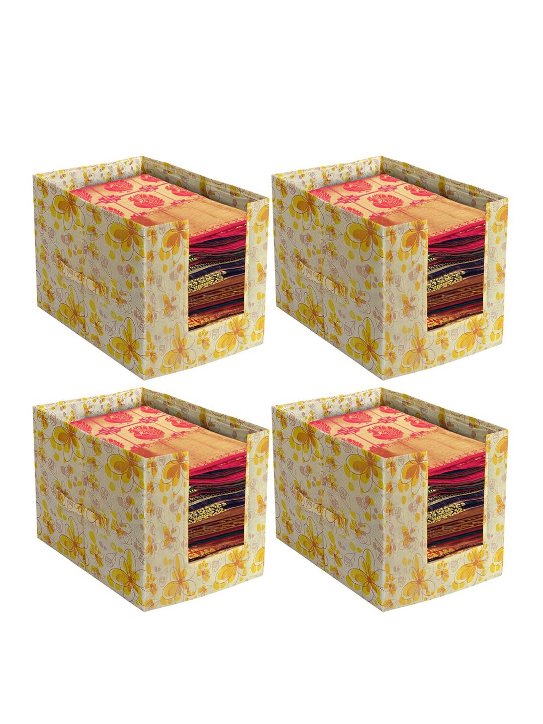 Kuber Industries Set Of 4 Yellow & White Flower Design Foldable Rectangle Cloth Saree Stacker Price in India