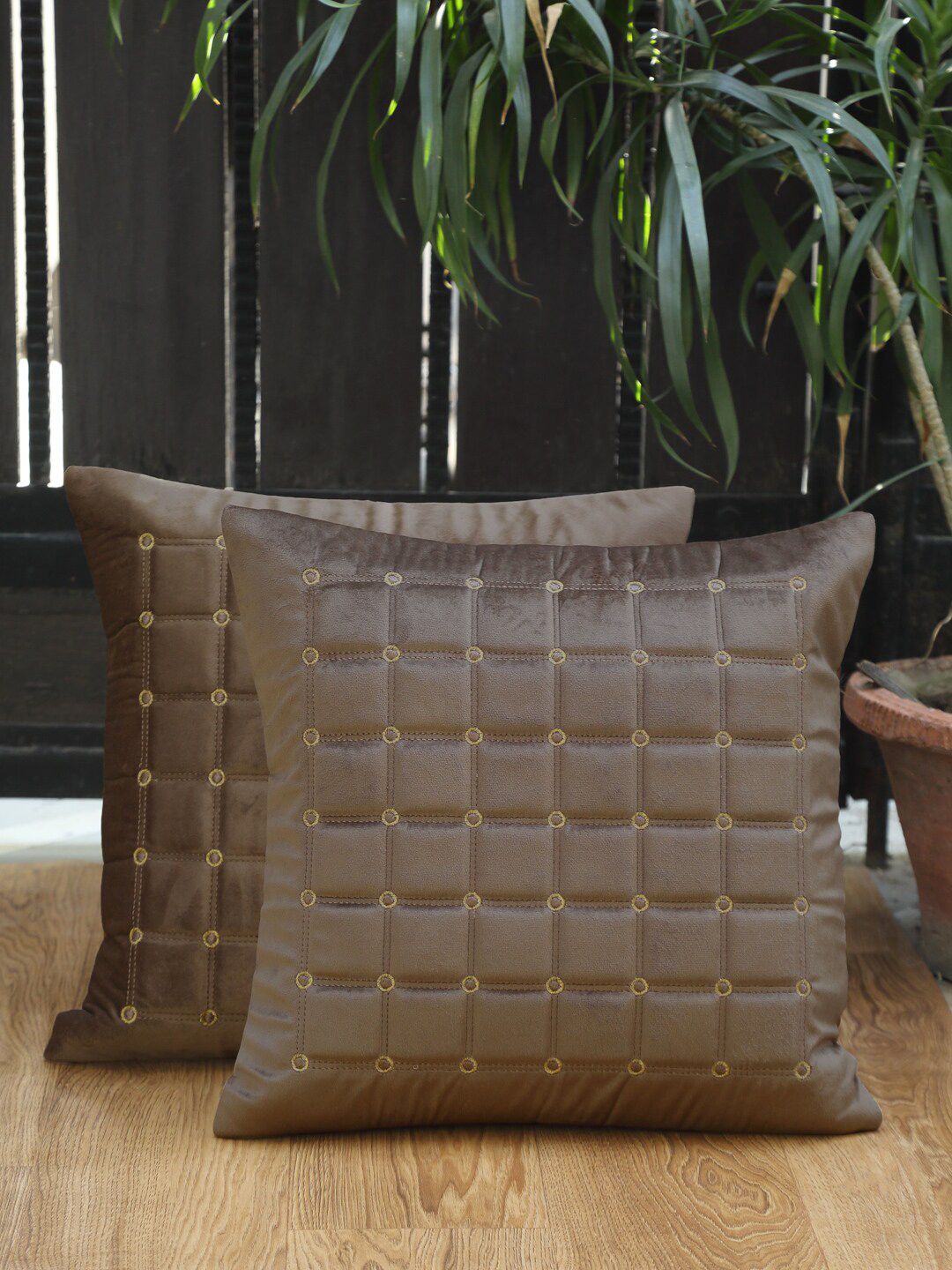 HOSTA HOMES Brown Set of 2 Velvet Square Cushion Covers Price in India