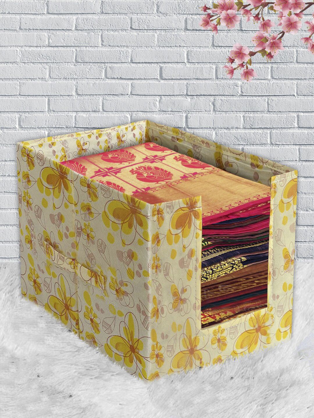 Kuber Industries Yellow & Pink Floral Printed Foldable Rectangle Cloth Saree Stacker Price in India