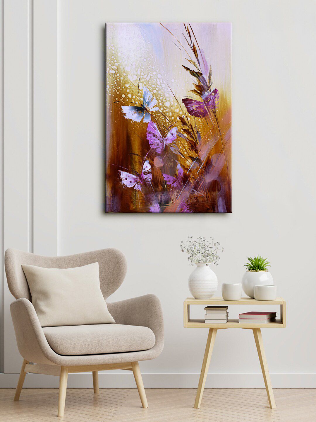 999Store Brown & Pink Butterflies Abstract Canvas Framed Painting Wall Art Price in India