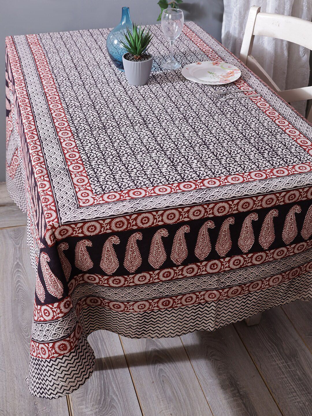 RANGDESI Off White & Black Handblock Bagh Printed 6-Seater Cotton Table Cover Price in India